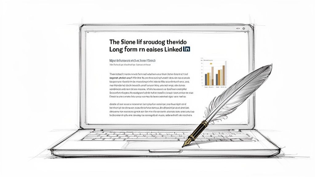Sketch of a laptop displaying an article, a bar chart, and a quill pen symbolizing content creation.