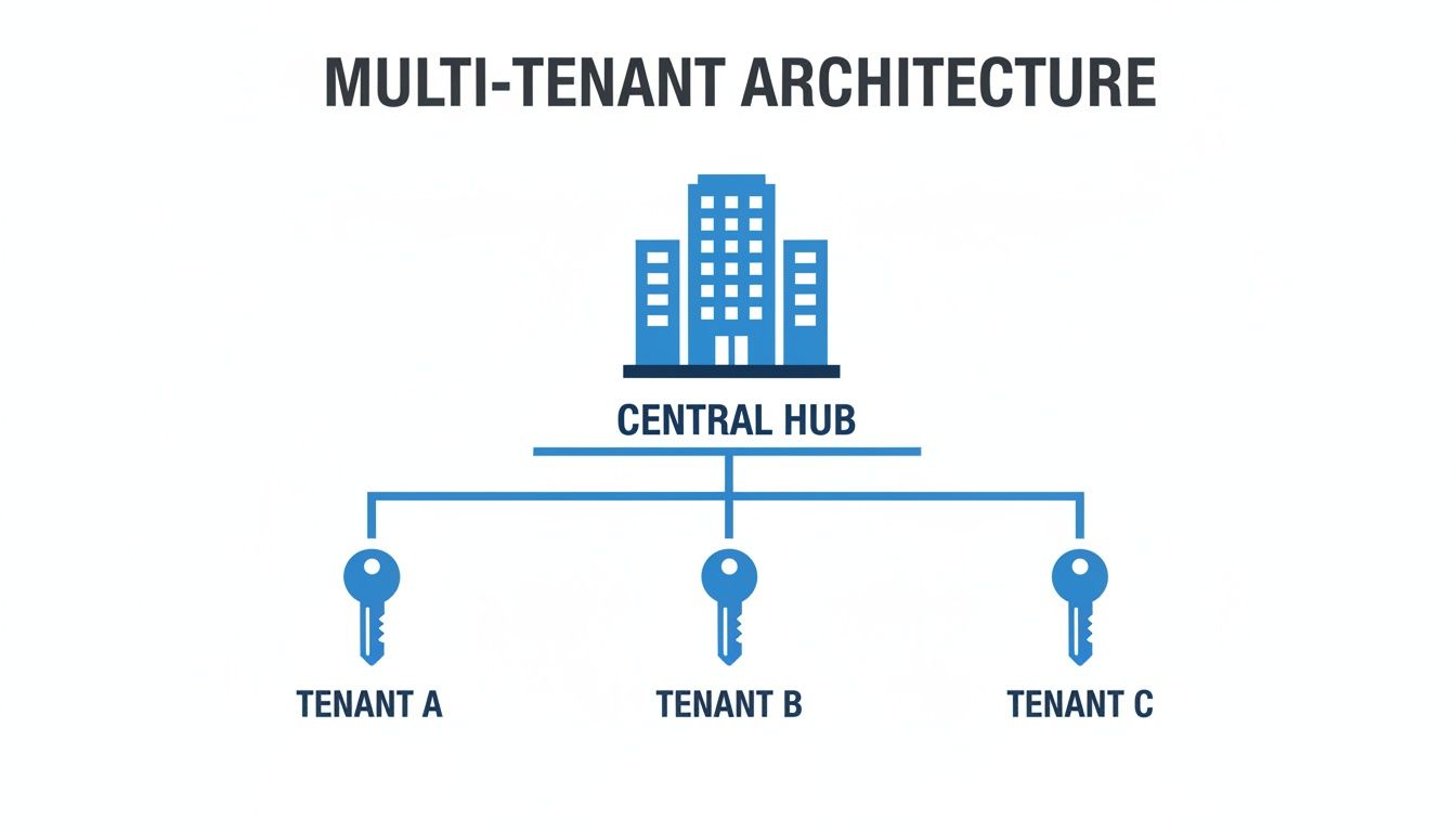 A multi-tenant architecture diagram showing a central hub shared by three distinct tenants.
