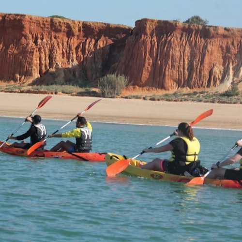 四位皮划艇划手在沙岸附近划水,背後是高聳的紅色懸崖。
