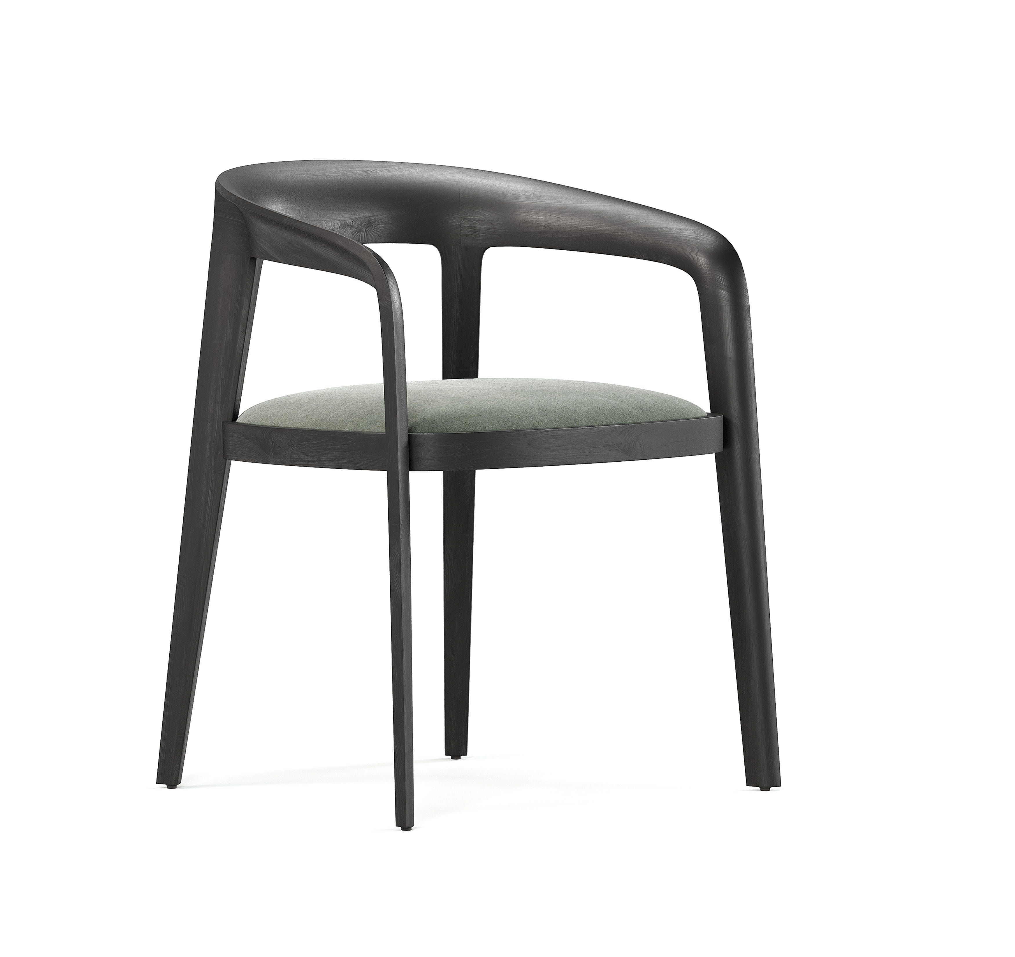 Modern wooden chair with curved frame and cushioned seat