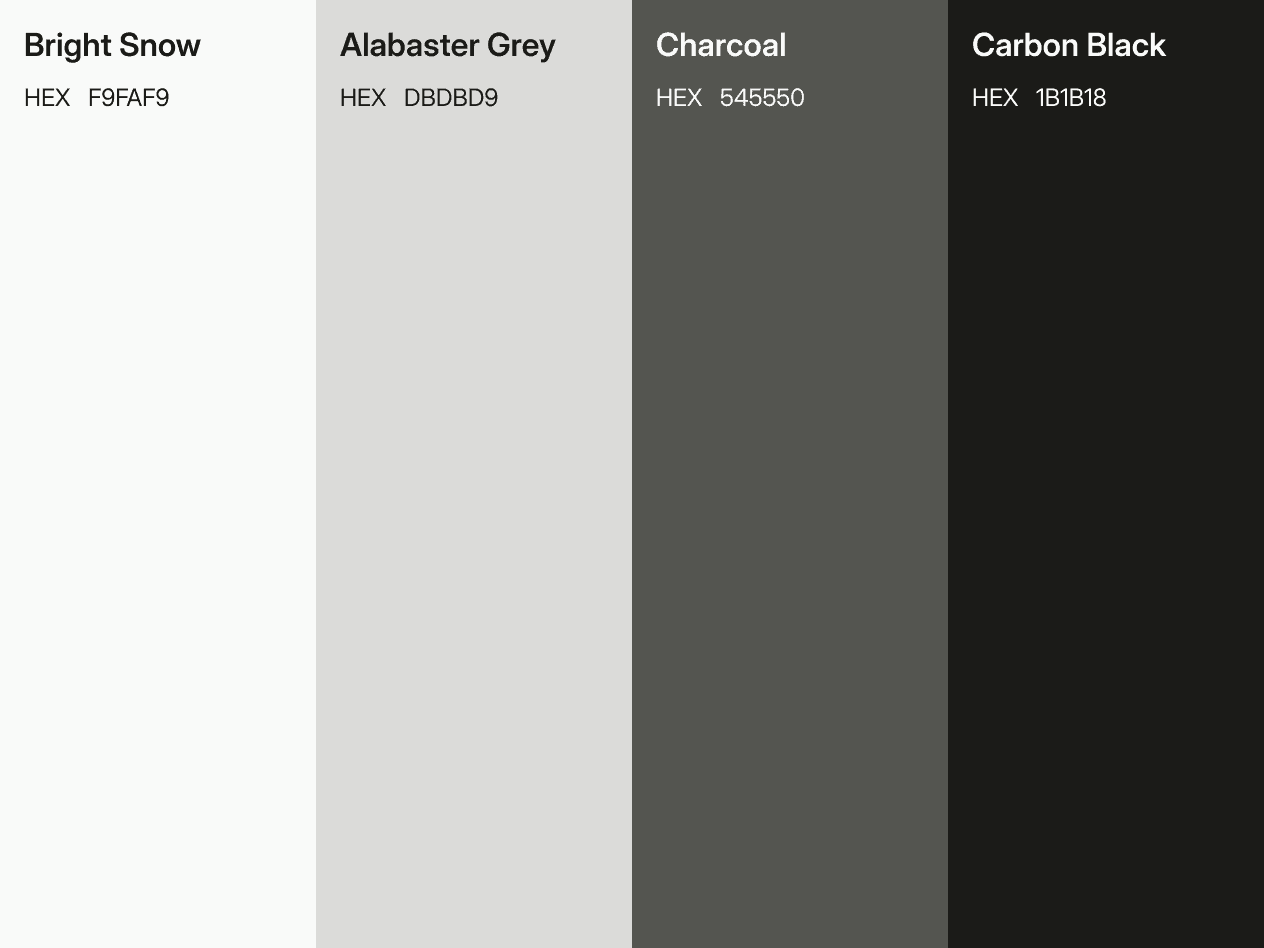 Neutral color palette featuring Bright Snow, Alabaster Grey, Charcoal, and Carbon Black with corresponding HEX codes