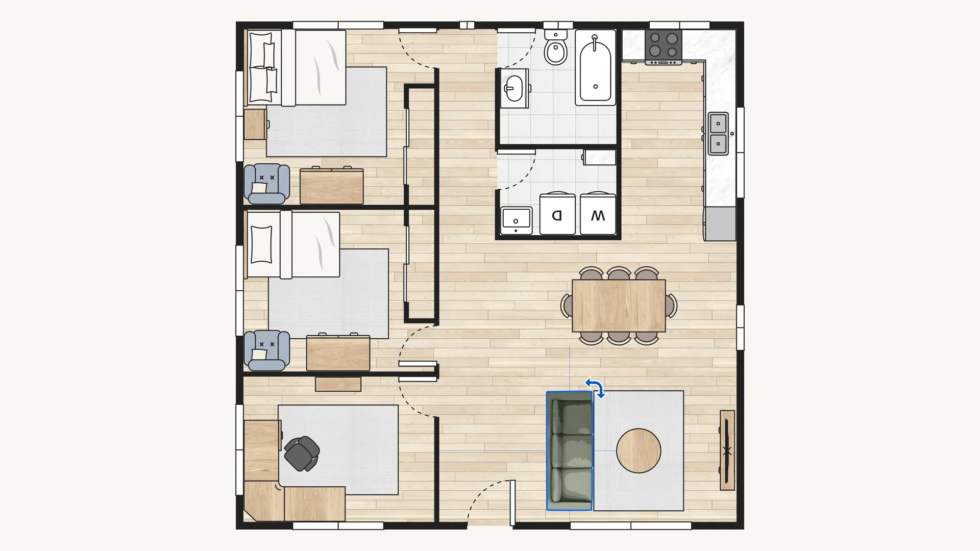 The custom sofa selected in a Scandinavian-style floor plan of the whole home