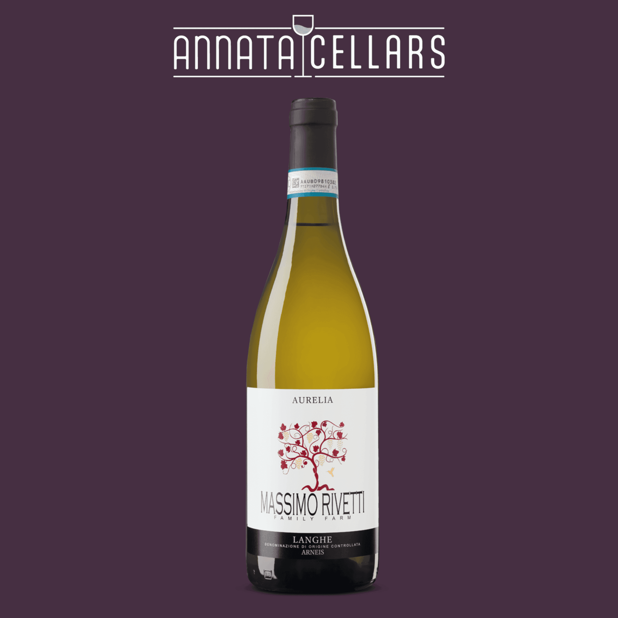 Arneis Wine bottle with 'Massimo Rivetti' label on a purple background, featuring 'Annata Cellars' branding.