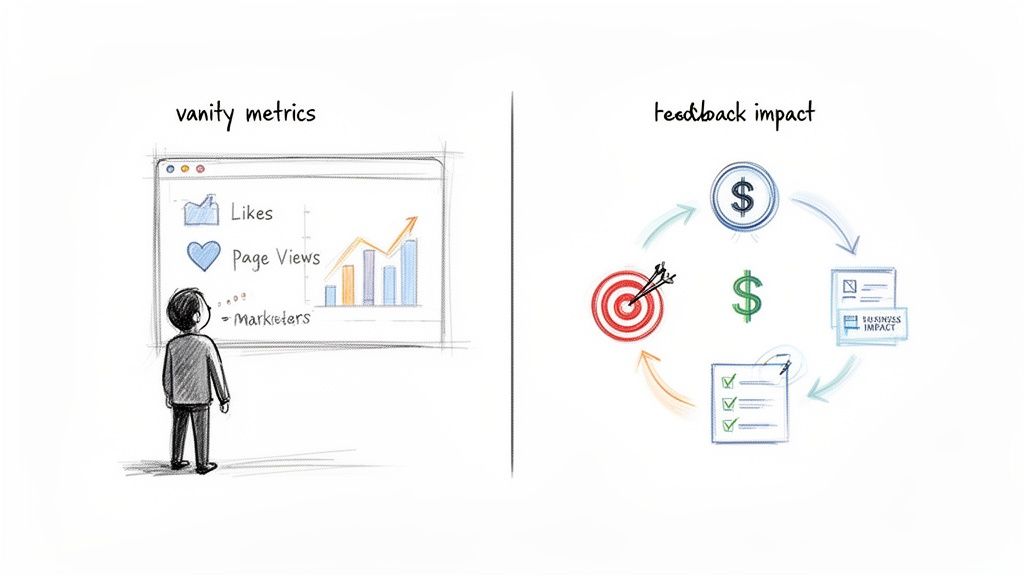 Illustration contrasting vanity metrics like likes and page views with actionable feedback for business impact.