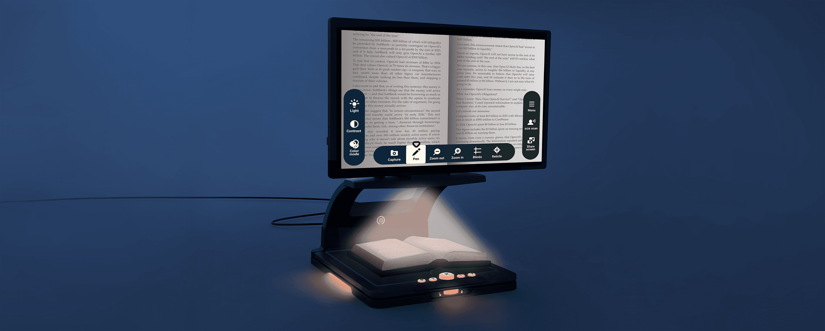 A mockup of the Artemis desktop magnifier glows with warmly lit buttons in a dim room, displaying a softly rounded UI with a subtle blue-green gradient.