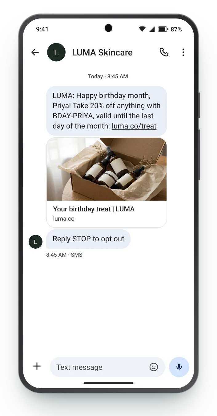 A code that lasts the whole month birthday text on an Android phone