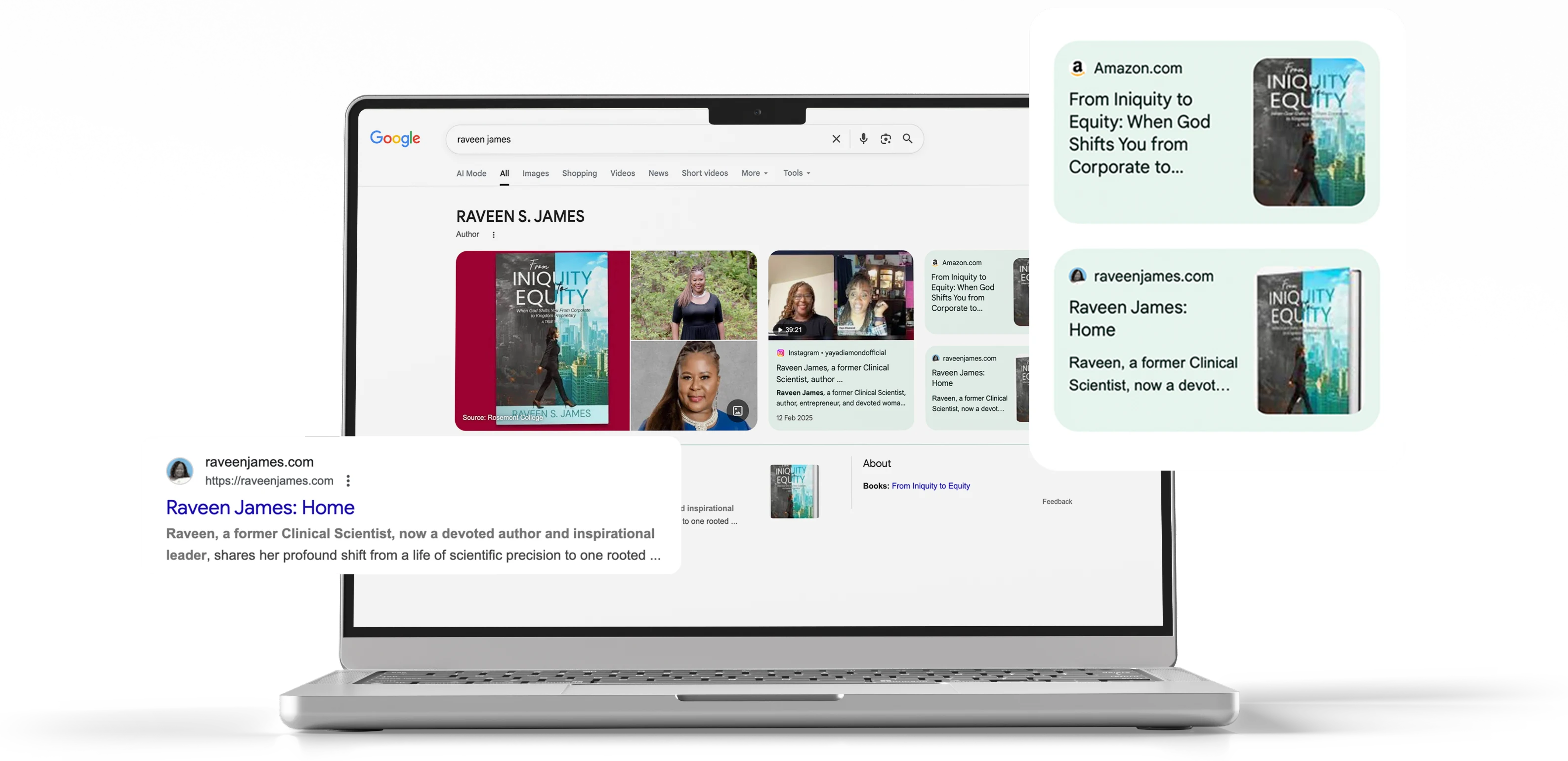 Google search results displayed on laptop for author website optimization example – RJP.design, Web Design Agency NYC specializing in website design, SEO, and digital marketing to enhance online visibility.