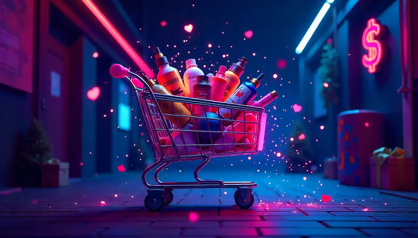 Neon-lit shopping cart with glowing products, symbolizing TikTok's holiday commerce push and a futuristic shopping experience.