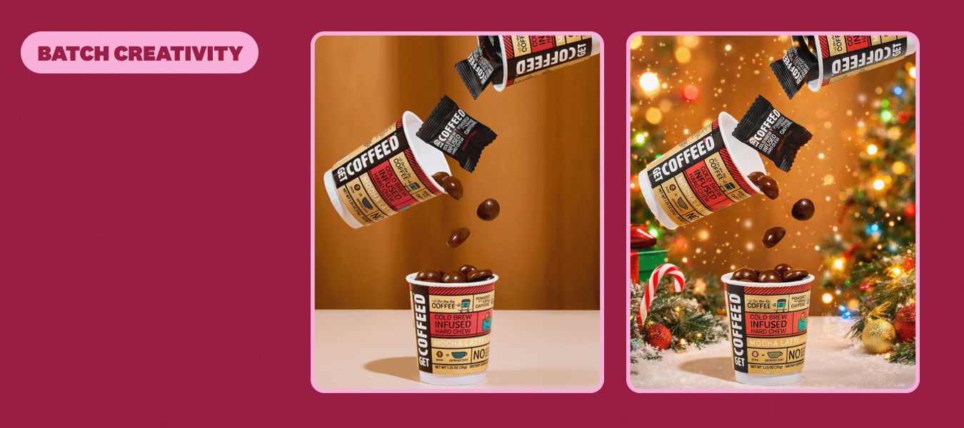 Side-by-side composite images of a Get Coffeed product, showing the same base shot adapted into a holiday version with festive background and seasonal props.