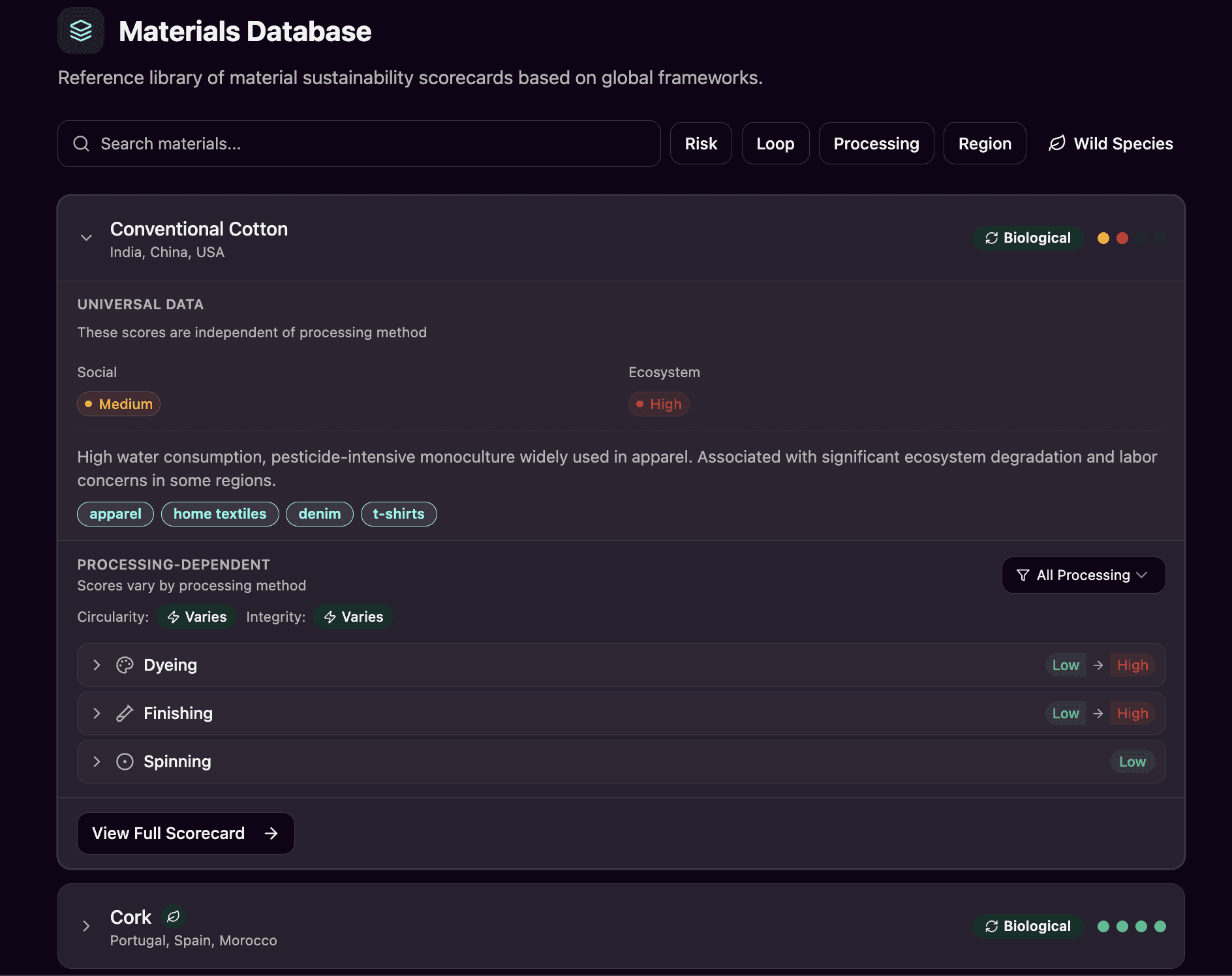 Archaster Material Atlas with scorecards accross social fairness, ecosystem stewardship, circularity, and system integrity. Processing- and finishing-aware scoring. Built on 9+ frameworks like GBF, IPBES, Circular Economy, Red list chemicals.