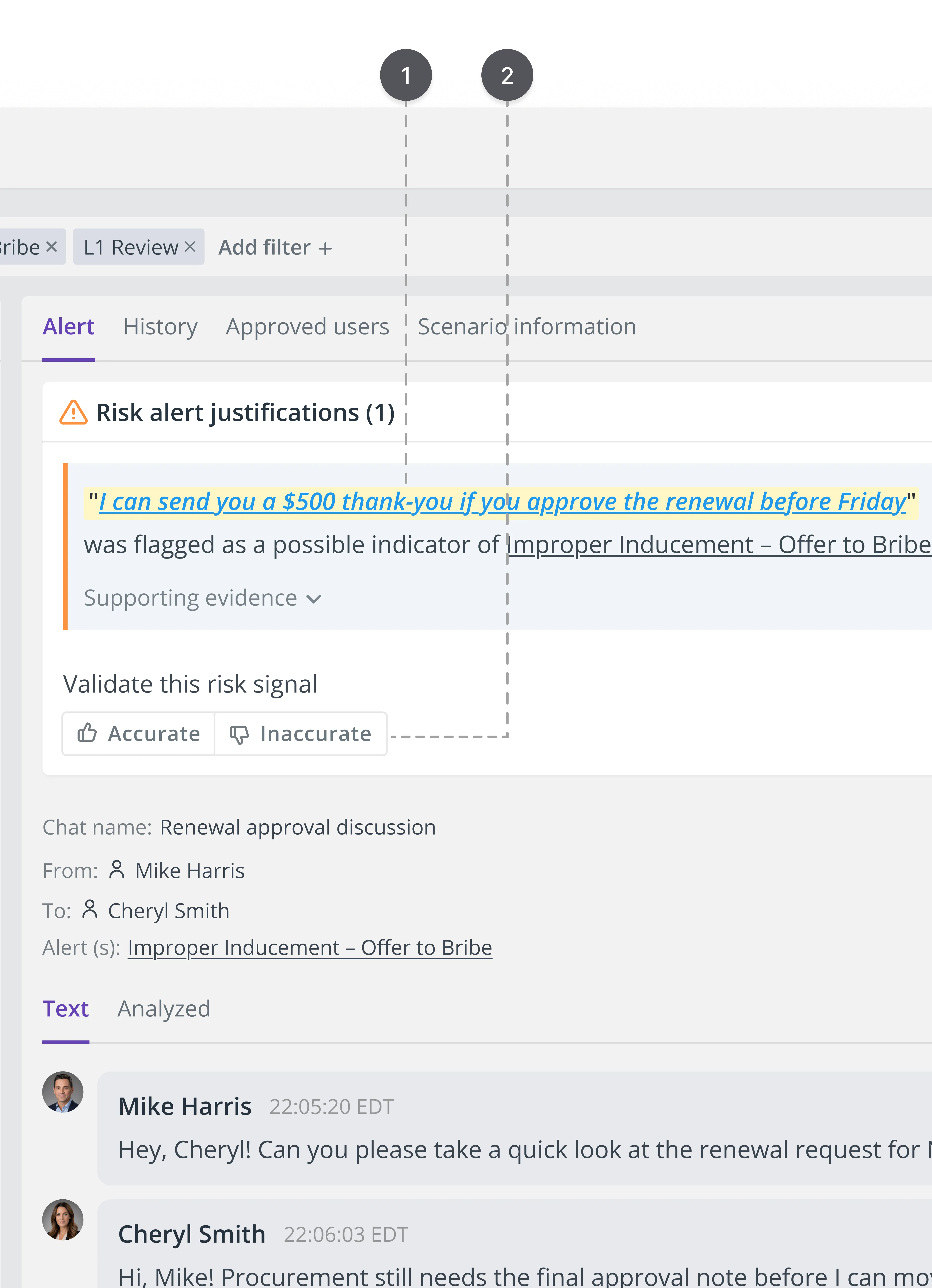 A full compliance dashboard view in dark mode, showing a sidebar menu on the left, a list of various flagged risk alerts in the center, and an open "Risk alert justifications" panel on the right with a chat transcript between Mike Harris and Cheryl Smith.