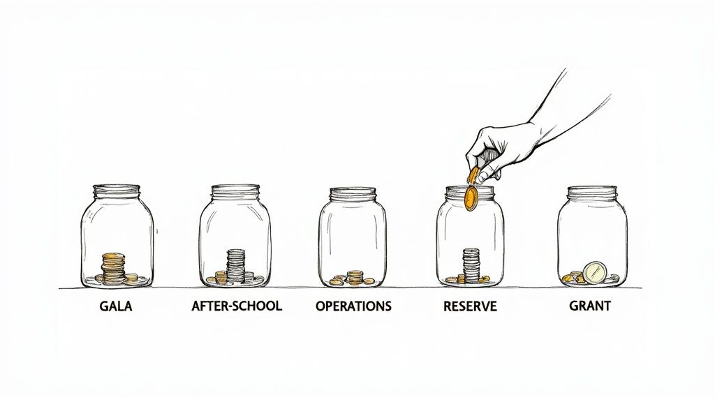 Illustration of five labeled jars, each with coins, representing different nonprofit fund categories.