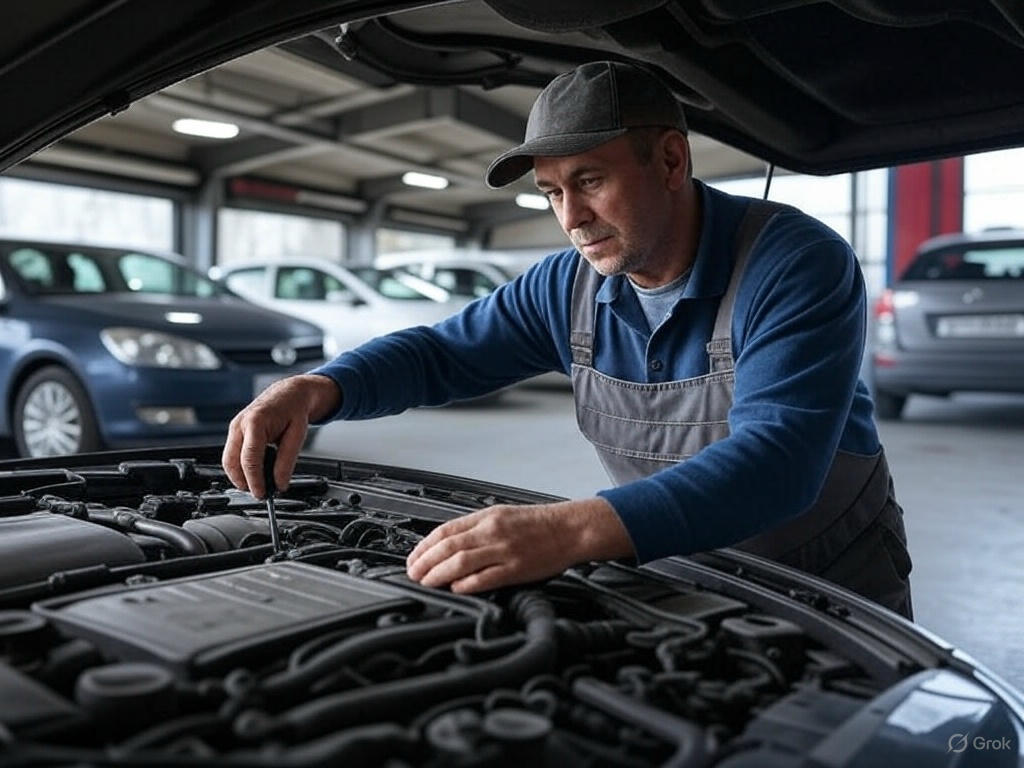 Military auto-electrician inspecting vehicle wiring and electrical systems in a maintenance zone.