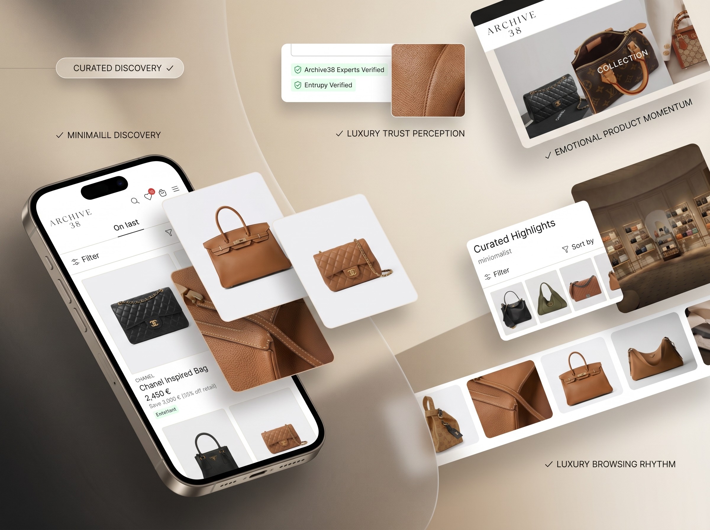 Editorial Luxury Ecommerce Interface für kuratierte Designer-Taschenkollektionen und Premium-Resale-Shopping