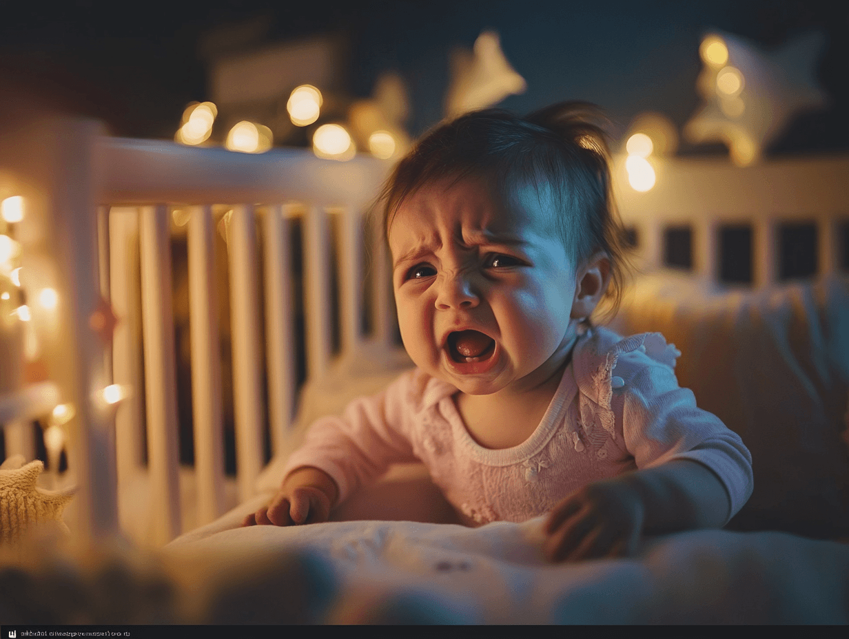 Baby girl crying in her crib