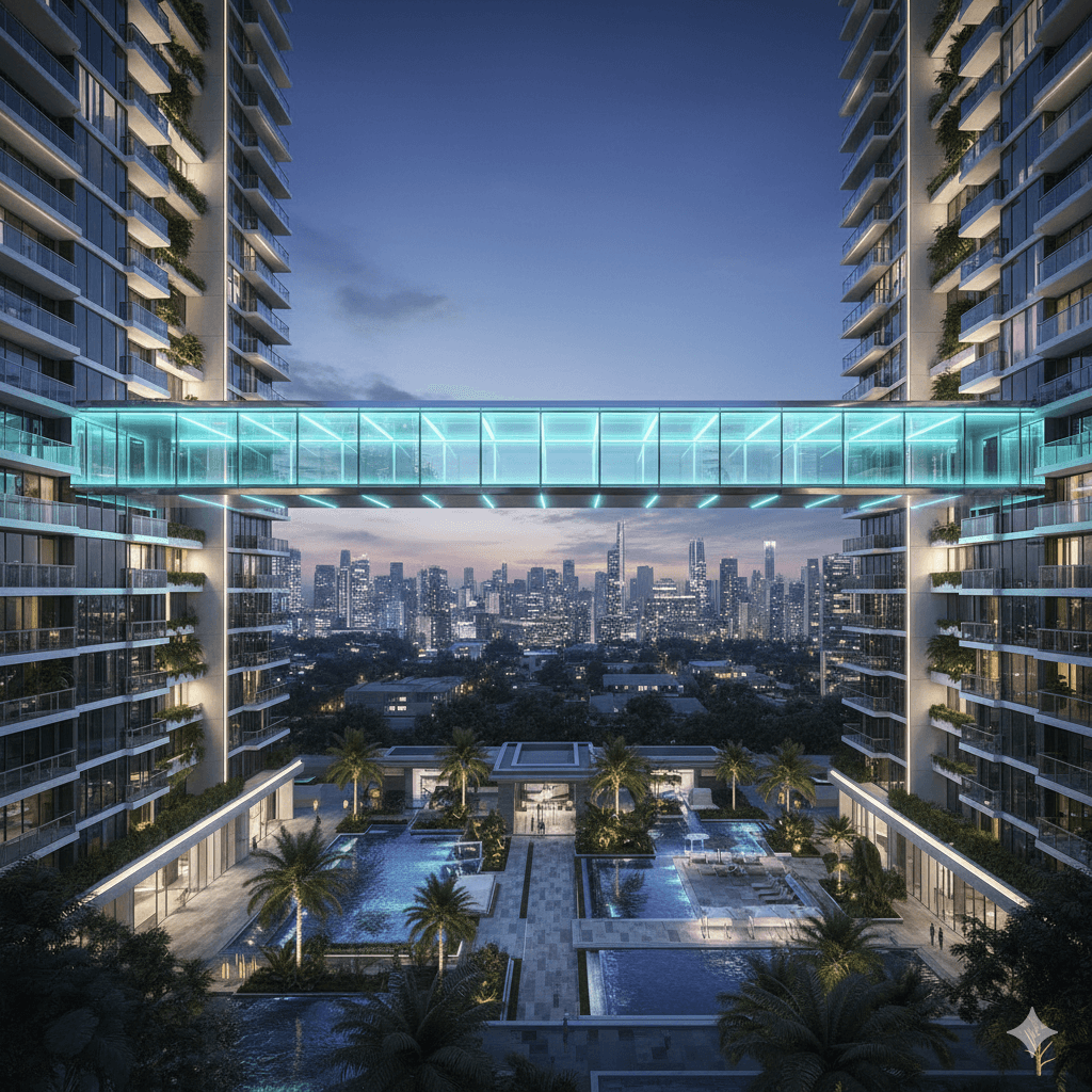 Futuristic glass Air Bridge connecting towers Sector 65 luxury