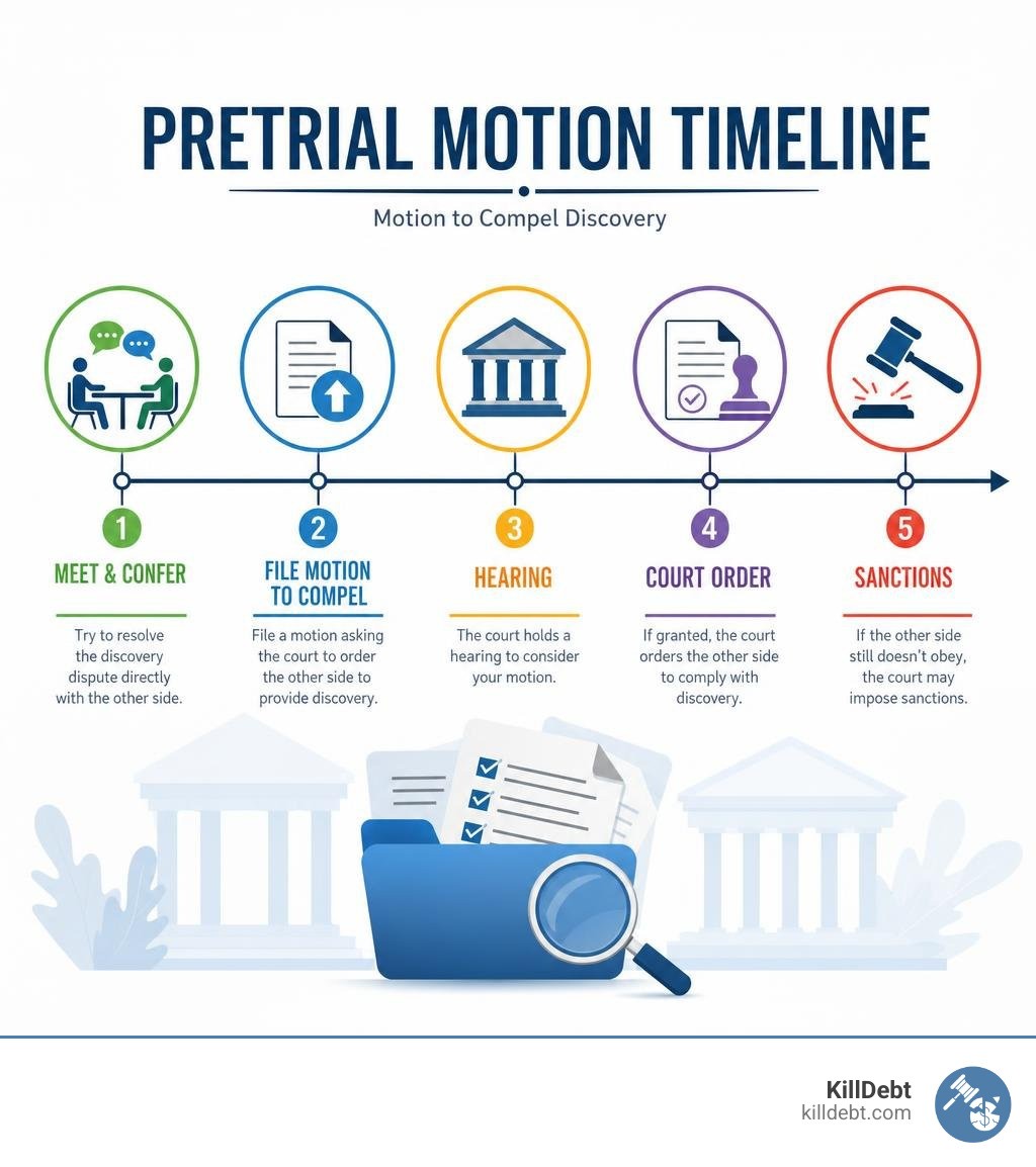 Pretrial motion timeline infographic: meet and confer, file motion to compel, hearing, court order, sanctions infographic