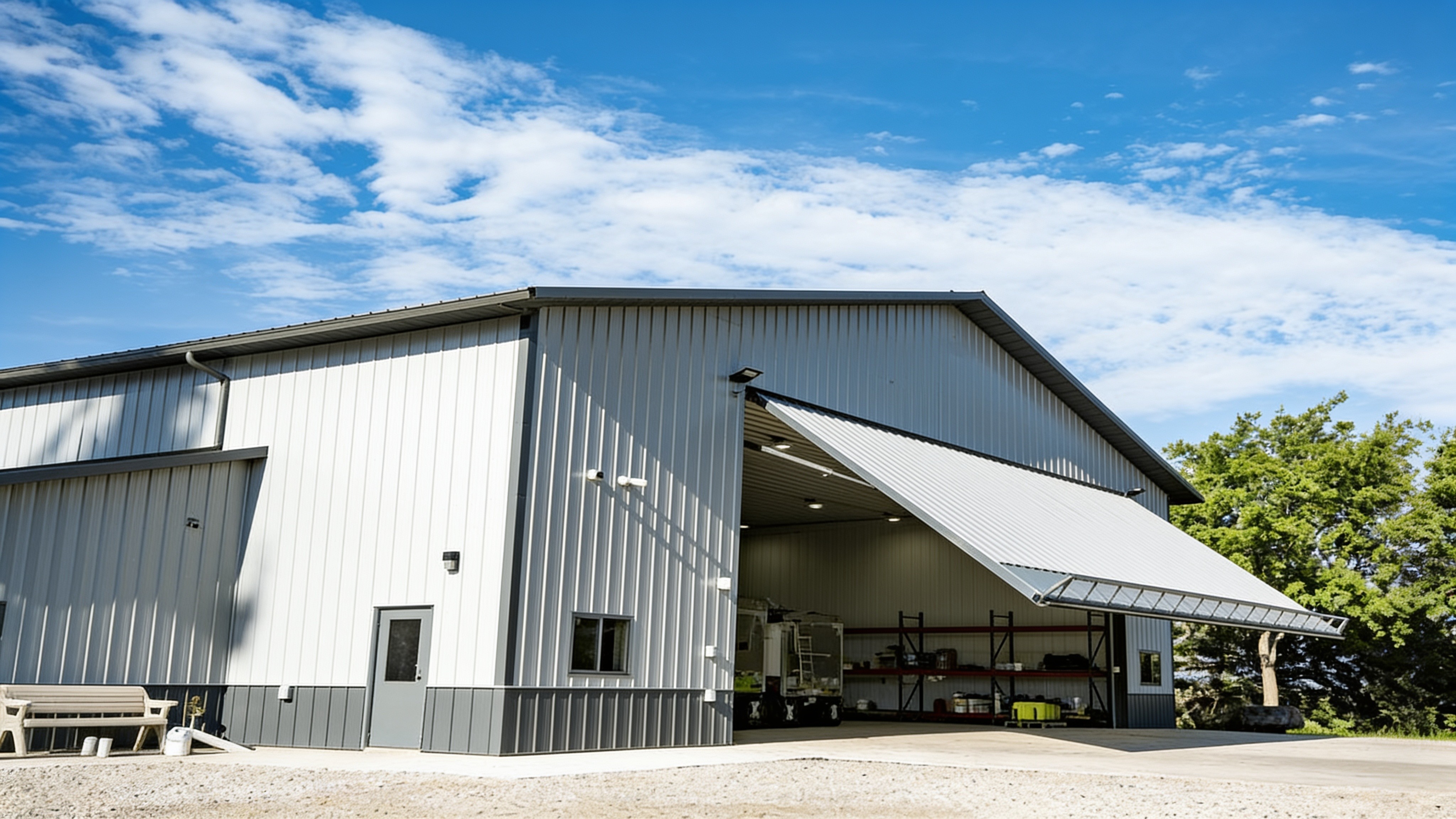 Farm equipment shop with an open hydraulic door forming a canopy