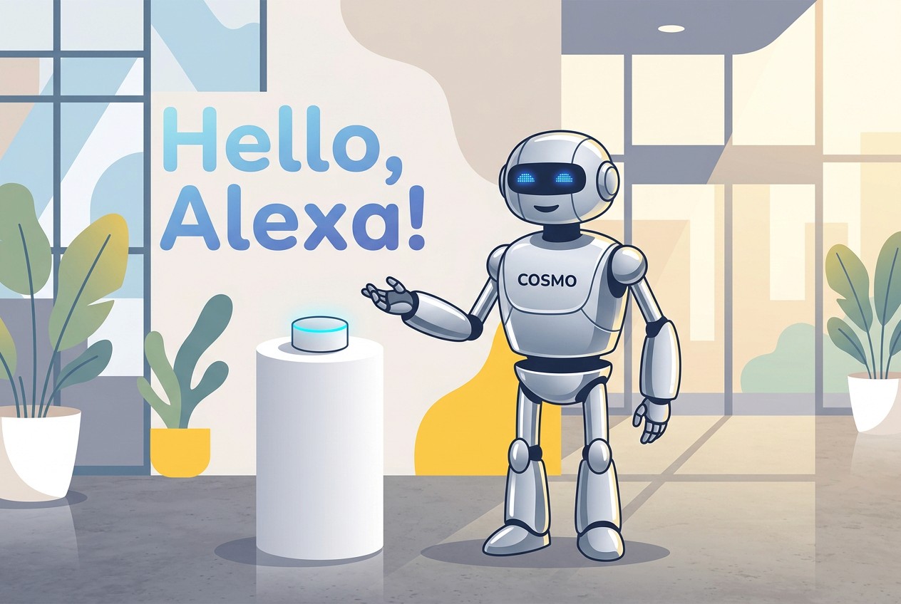 A friendly, cartoon-style robot named Cosmo stands to the right of a white cylindrical pedestal. On top of the pedestal is a smart speaker with a blue light ring. Cosmo has a silver, metallic body with blue glowing eyes and the word "COSMO" written on its chest. Its left arm is extended towards the smart speaker, with its hand open. Behind Cosmo and the pedestal, a large window shows a bright, sunny outdoor scene. To the left of the pedestal, large potted plants with green leaves add a touch of nature to the indoor setting. The background features a wall with the words "Hello, Alexa!" in large, blue gradient text. The overall style is clean, modern, and illustrative, with a soft color palette.