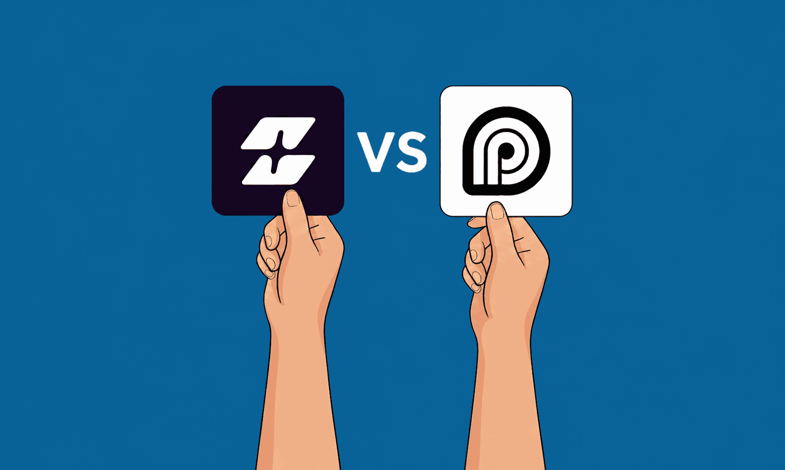 Two hands holding up the Selects logo and the Opus Clip logo side by side for comparison, representing a head-to-head review of the two AI video editing tools
