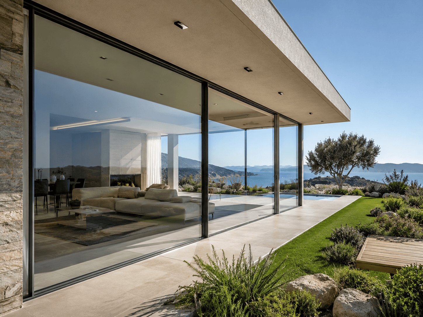 Infissi minimali in alluminio con grandi vetrate panoramiche in una villa moderna.