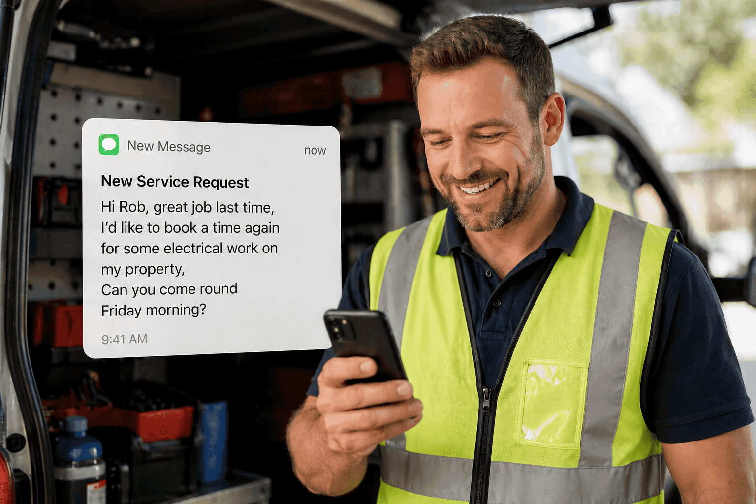 A Tradie smiling knowing his current customers are not forgotton