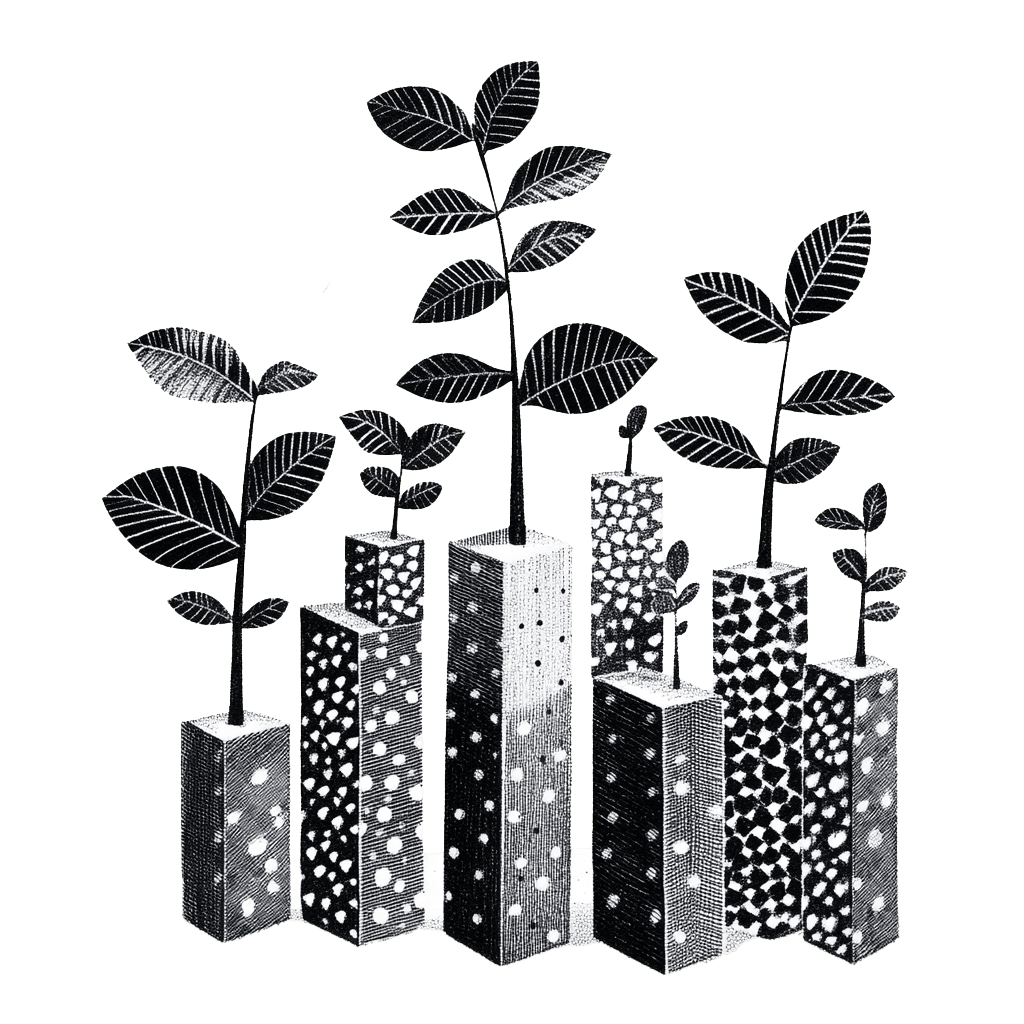 Illustration de plantes en croissance, poussant de blocs décorés, symbolisant la croissance et l'évolution.