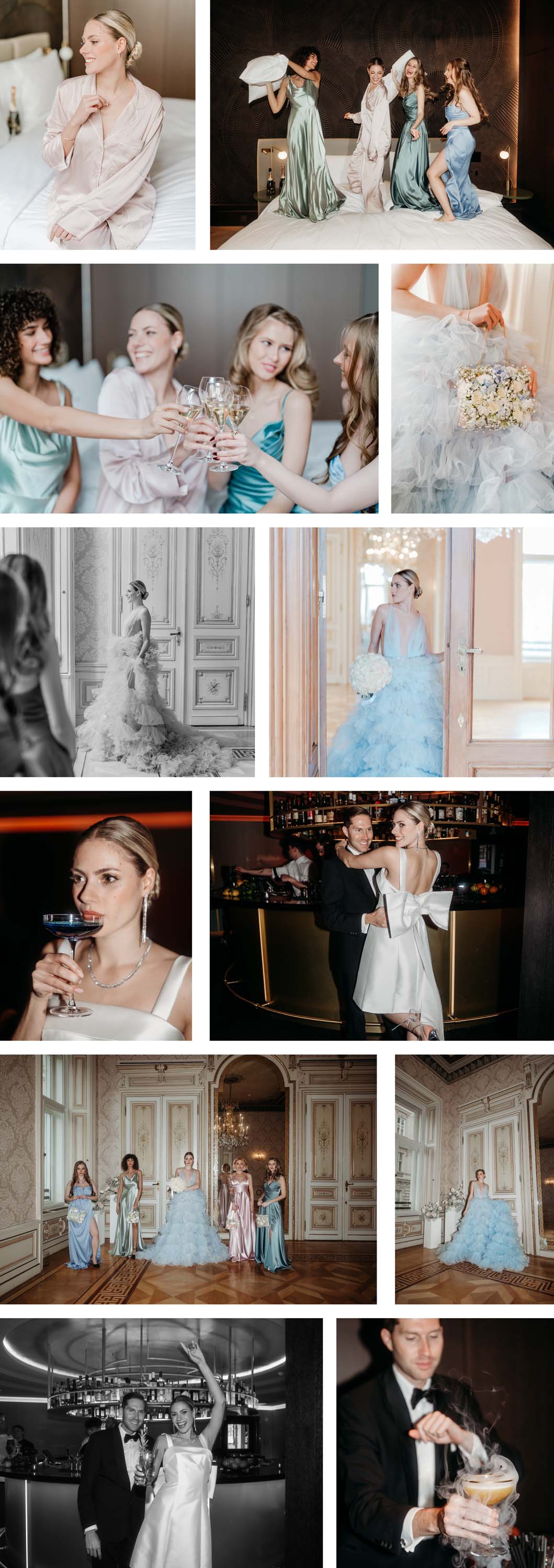 Collage einer Hochzeit in Wien mit einem imposanten blauen Tüllkleid und Brautjungfern und einer besonderen Cocktail After Hour.