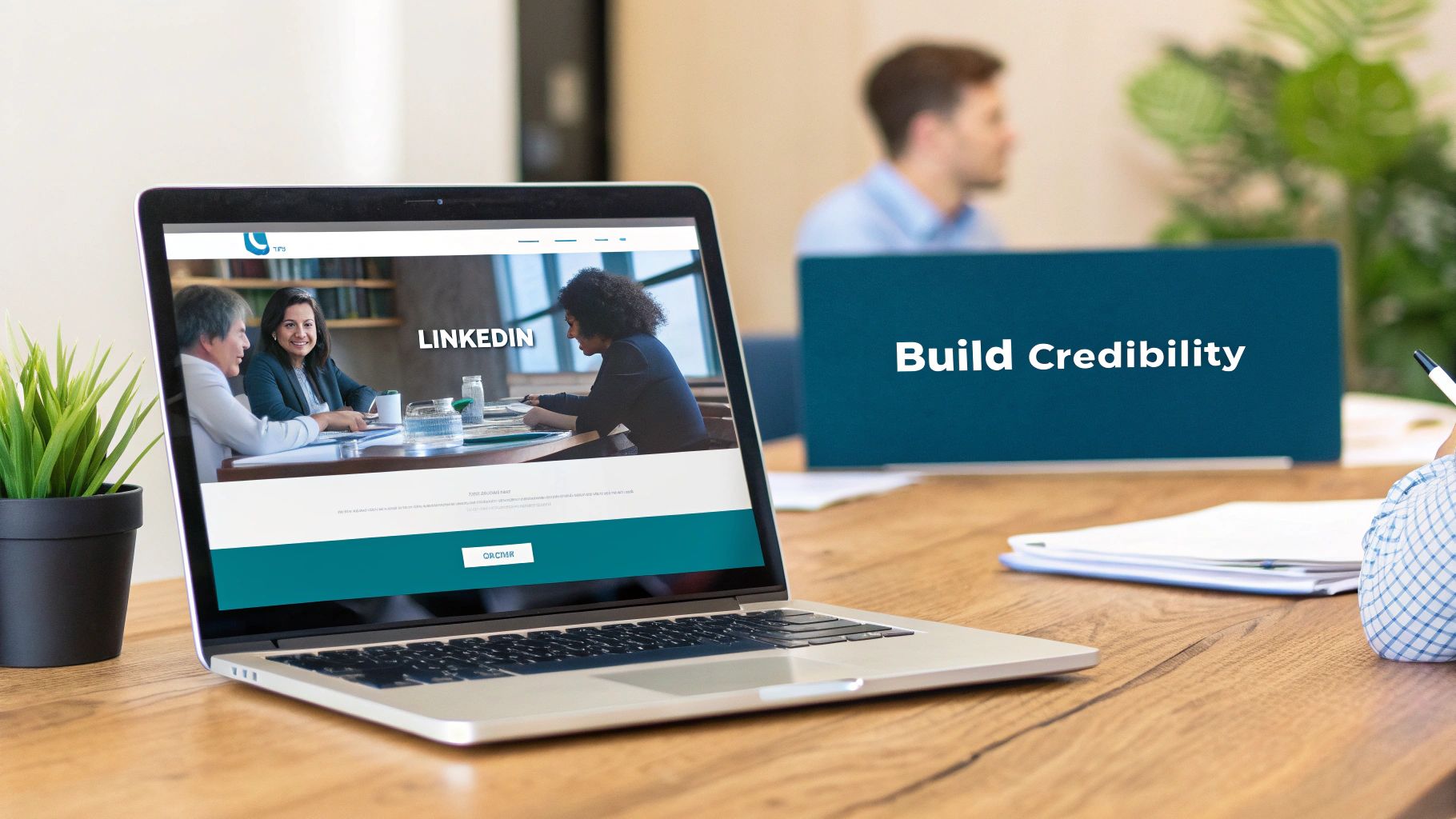 Laptop on a wooden desk displaying a LinkedIn page, with people in a meeting and 'Build Credibility' in the background.