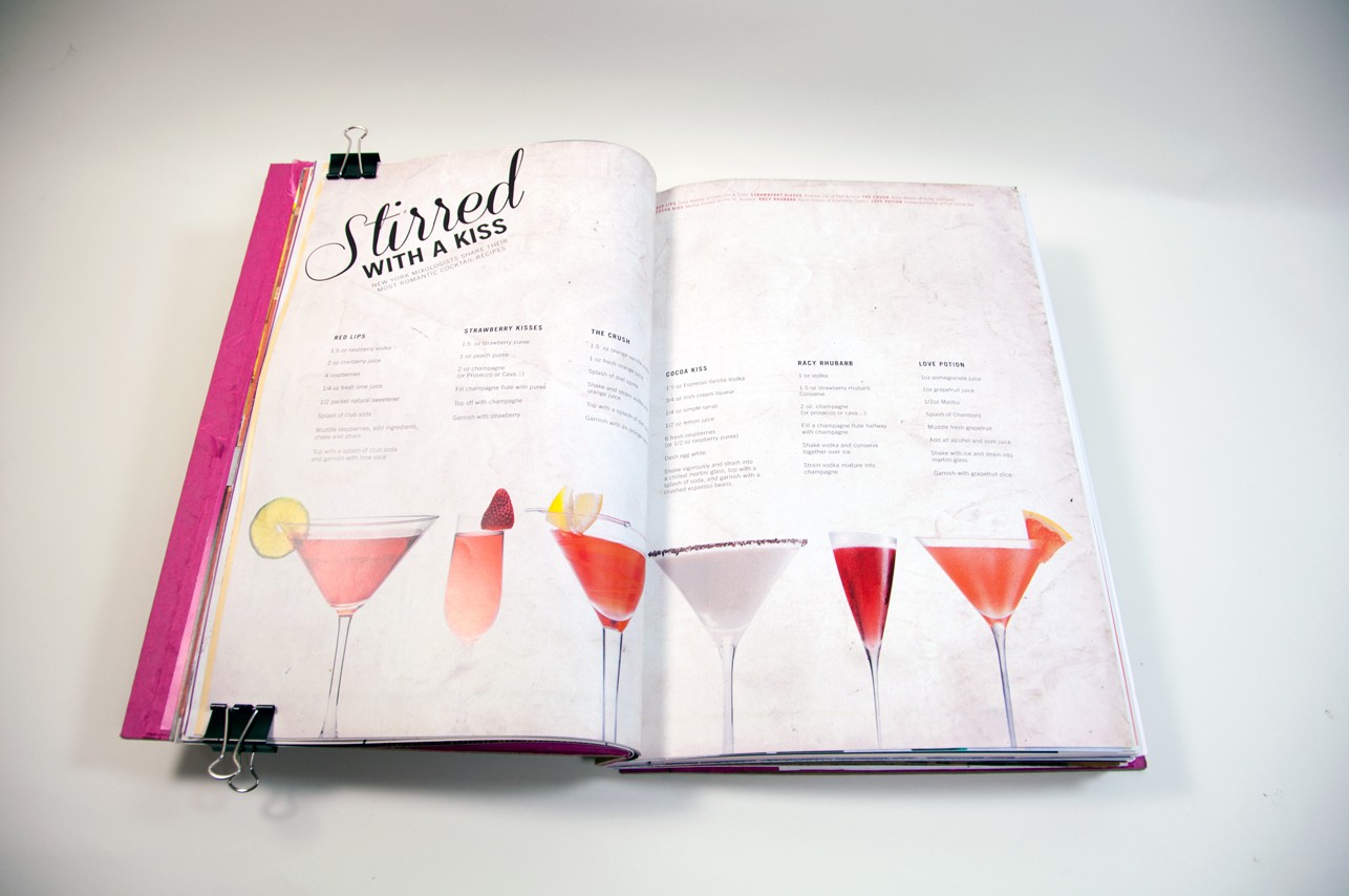 an opened book with images of glasses on the left and the right page, some text on both pages, and the heading in the upper left corner of the left page Stirred with a kiss