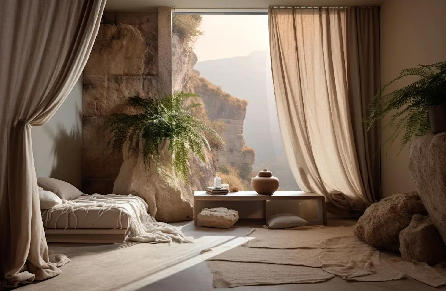 Earthy minimalist interior with stone walls and mountain view.