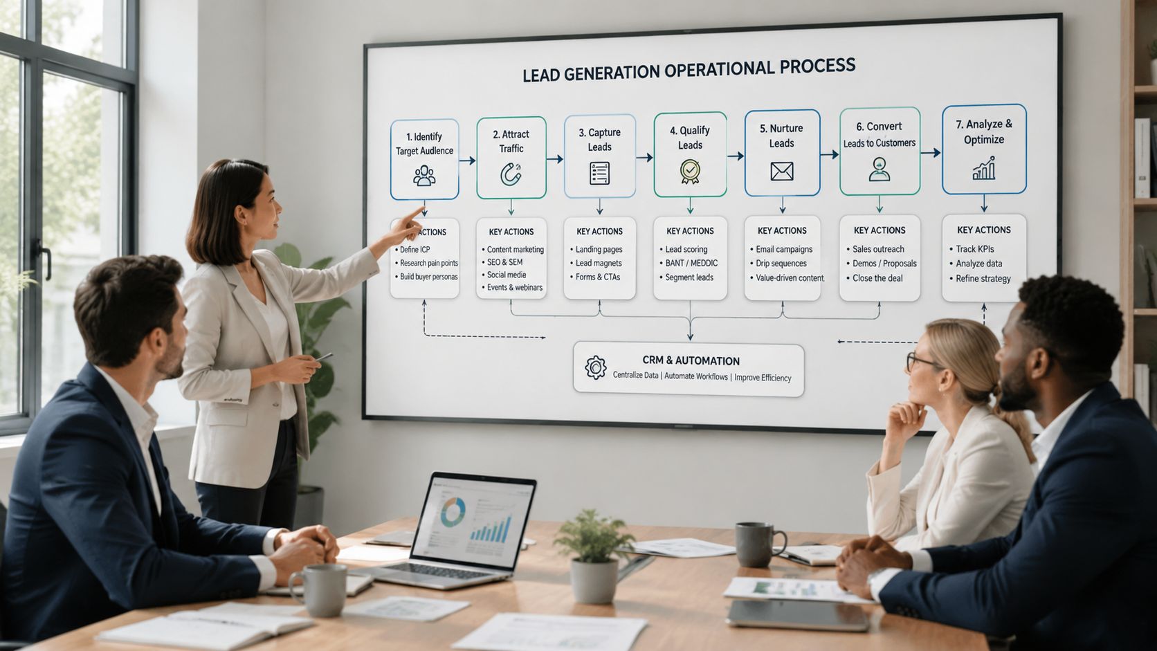 A professional woman presenting a lead generation operational process flow chart to colleagues in a business meeting.
