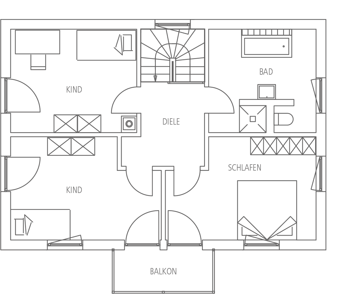 Grundriss: Obergeschoss mit Diele, zwei Kinderzimmern, Schlafzimmer, Bad und Balkon.