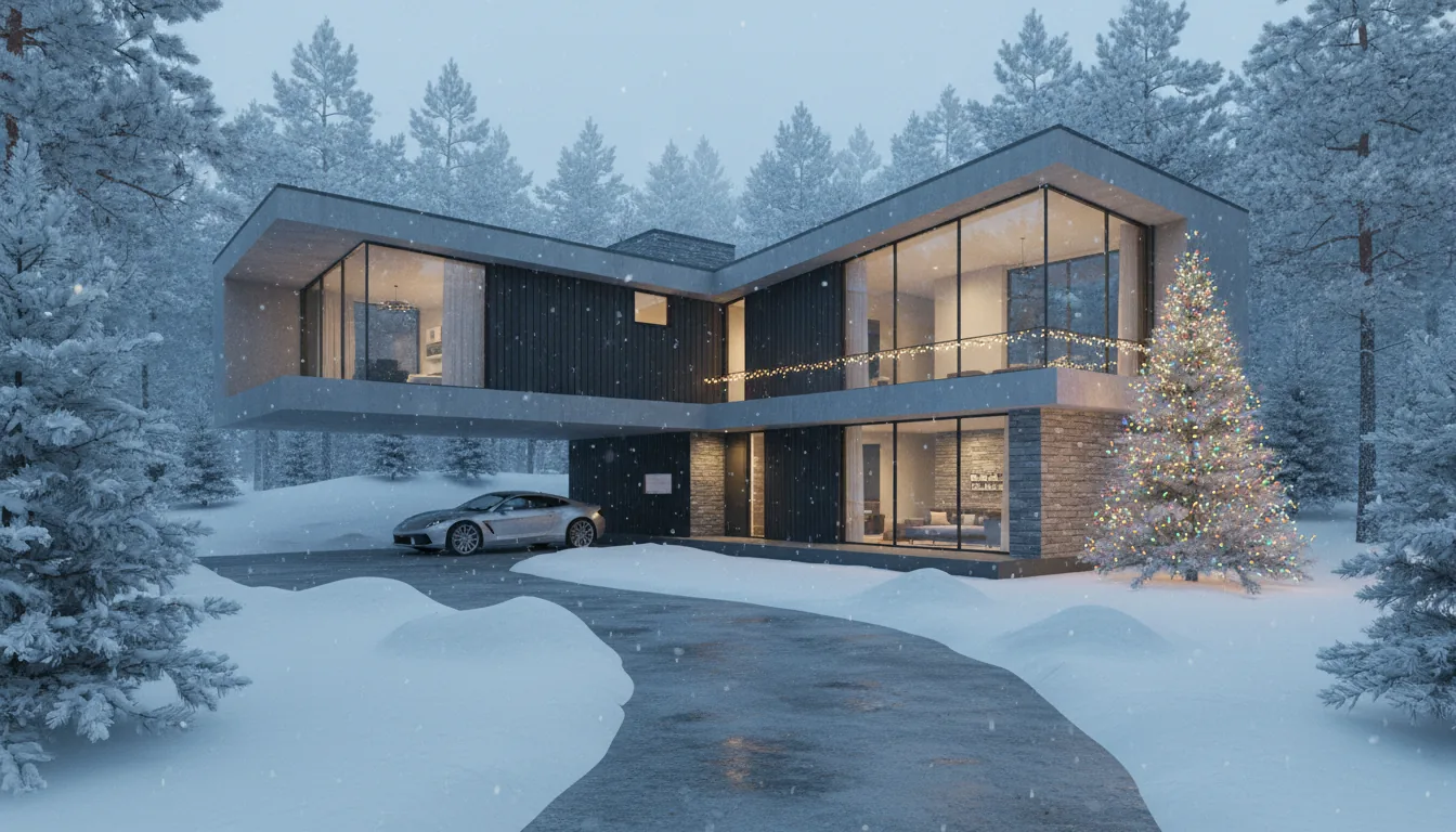 Photorealistic 3D architectural visualization, Twinmotion style render of an ultra-modern, angular cantilevered house set in a snowy winter forest. The scene is during a light snow flurry with thick, fresh snow blanketing the ground, driveway, and surrounding pine trees. The house features a mix of concrete, dark vertical wood siding, and stacked stone walls, with large floor-to-ceiling glass windows. A silver sports car is parked in the carport. The scene is decorated for the holidays with a large, snow-dusted Christmas tree adorned with vibrant, glowing multi-colored lights and a string of festive lights along the upper balcony. The lighting is soft global illumination from an overcast day, creating a cool, blue ambient tone that contrasts with the warm, golden light emanating from the house's interior.