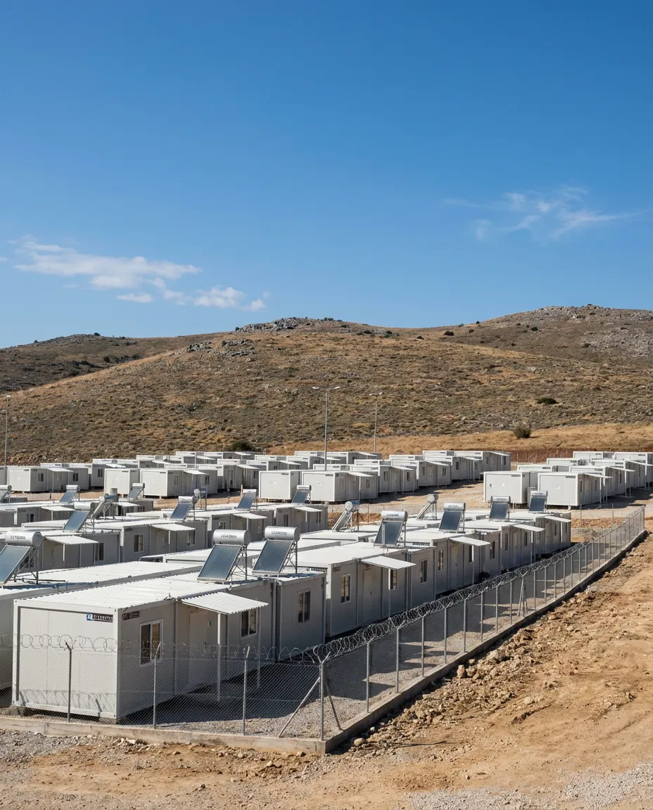 Exterior view of a refugee accommodation facility in Larissa Greece.