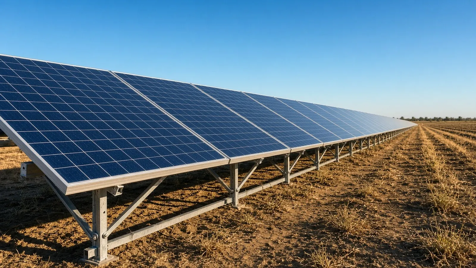 AI illustration, not a real inspection: clean solar row, horizontal angle