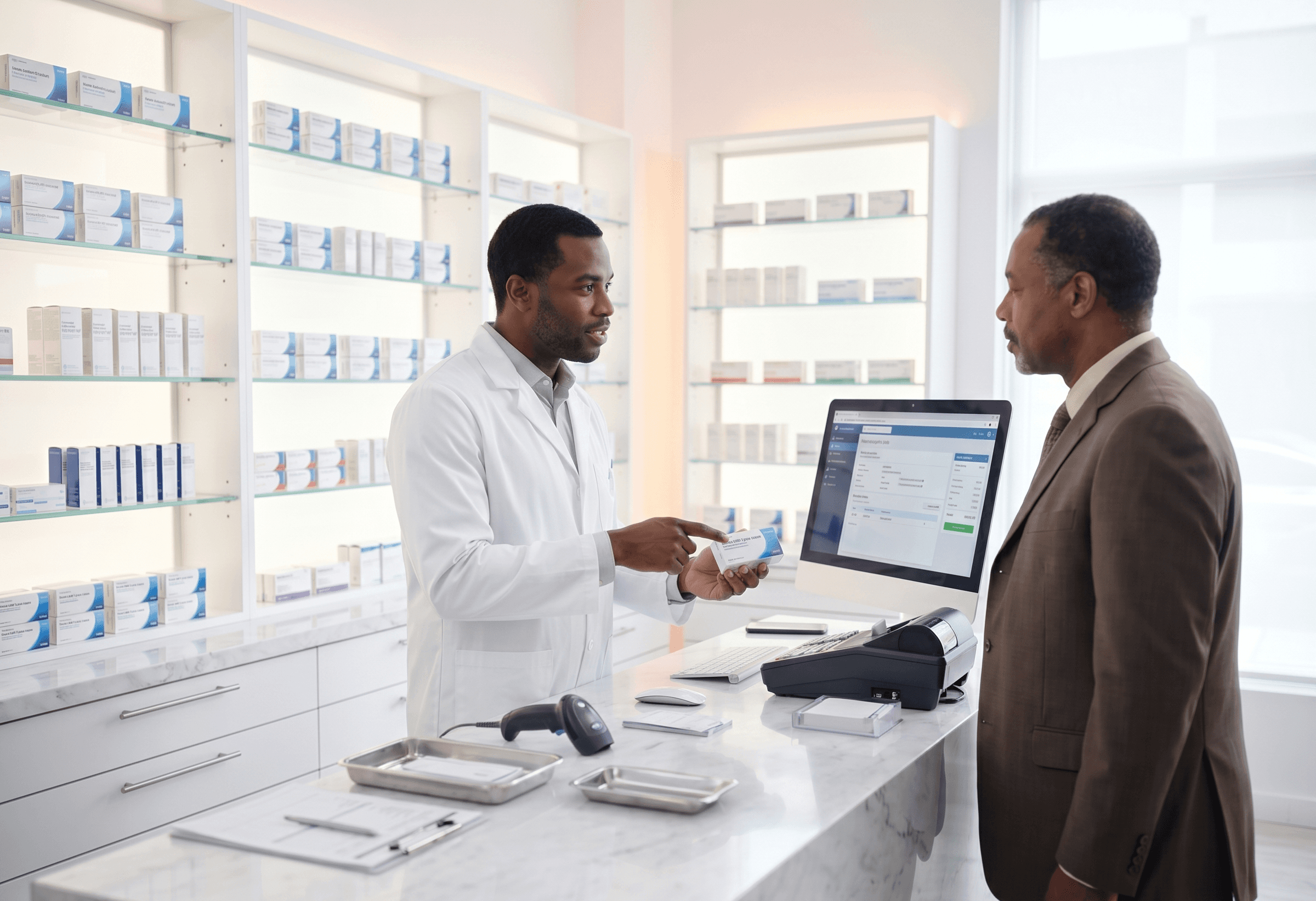 Licensed pharmacist in a modern pharmacy explaining prescribed medication dosage to a patient at a luxury marble consultation counter.