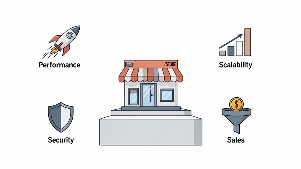 An illustration showing a store building surrounded by icons for performance, scalability, security, and sales benefits.