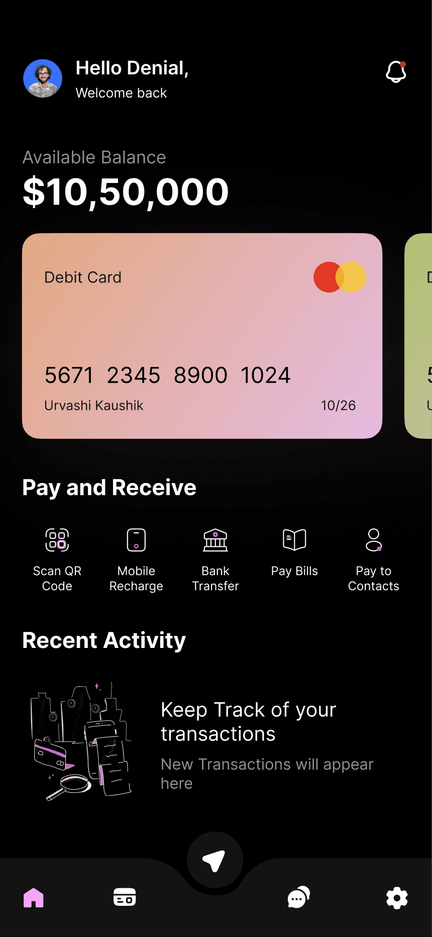 Banking app interface with $10,50,000 balance, a pink Mastercard debit card, and icons for payments and Recent Activity.