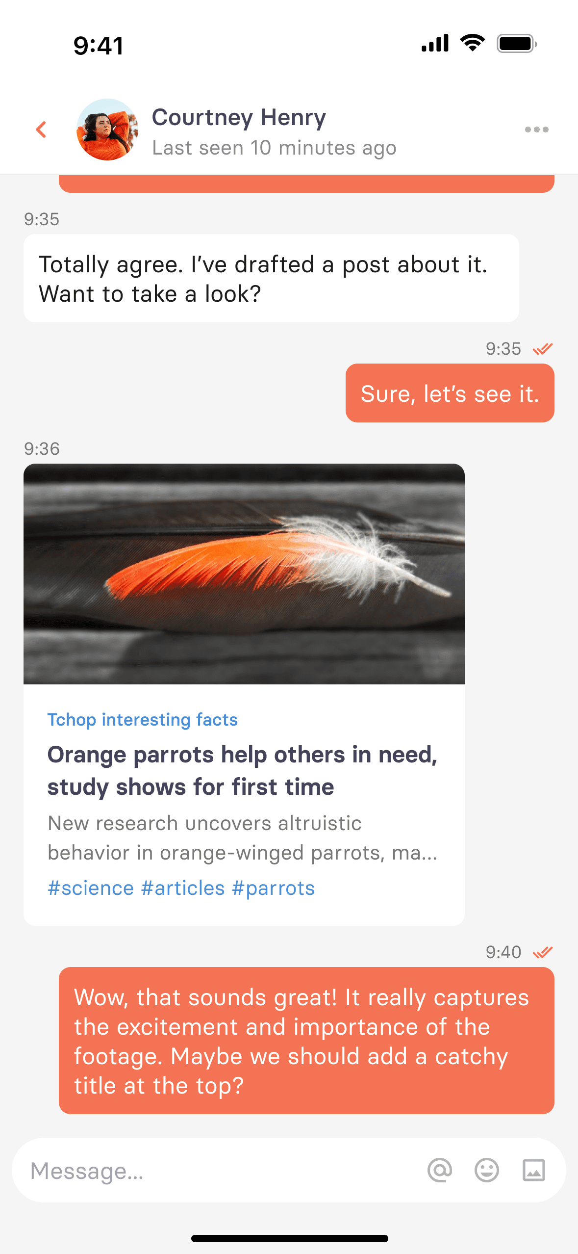 tchop™ mobile app screen displaying a chat conversation and shared article about orange parrots, showcasing real-time communication and content sharing features.