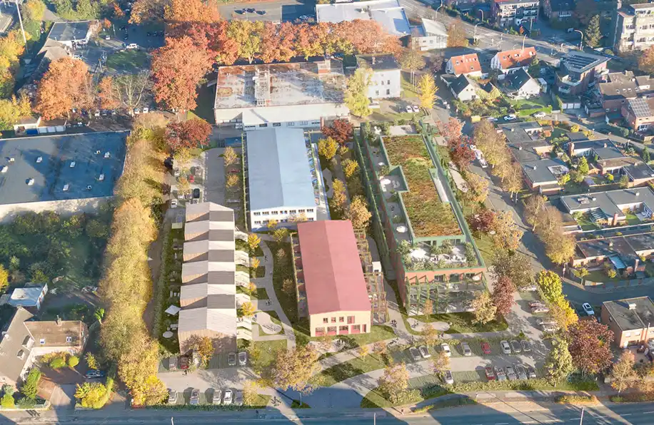 Isometrische Zeichnung eines Bauprojekts mit mehreren Gebäuden und markierten Strukturen in Rot