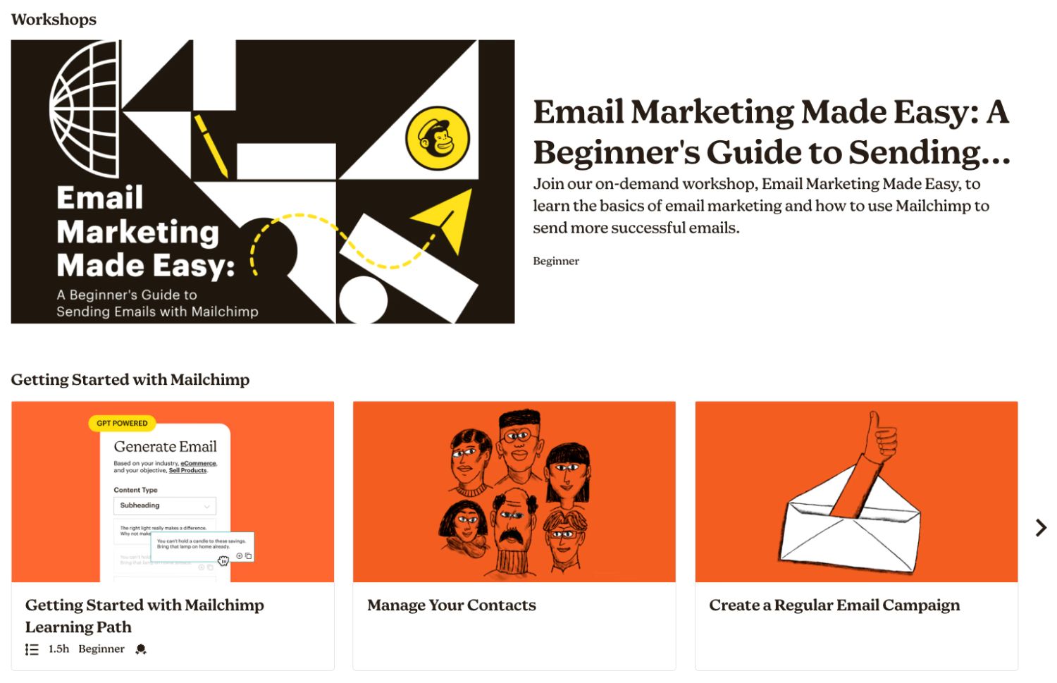 Mailchimp UX: A visual representation of Mailchimp's user interface for beginners, featuring workshops and guides like "Email Marketing Made Easy" and sections for managing contacts or creating campaigns