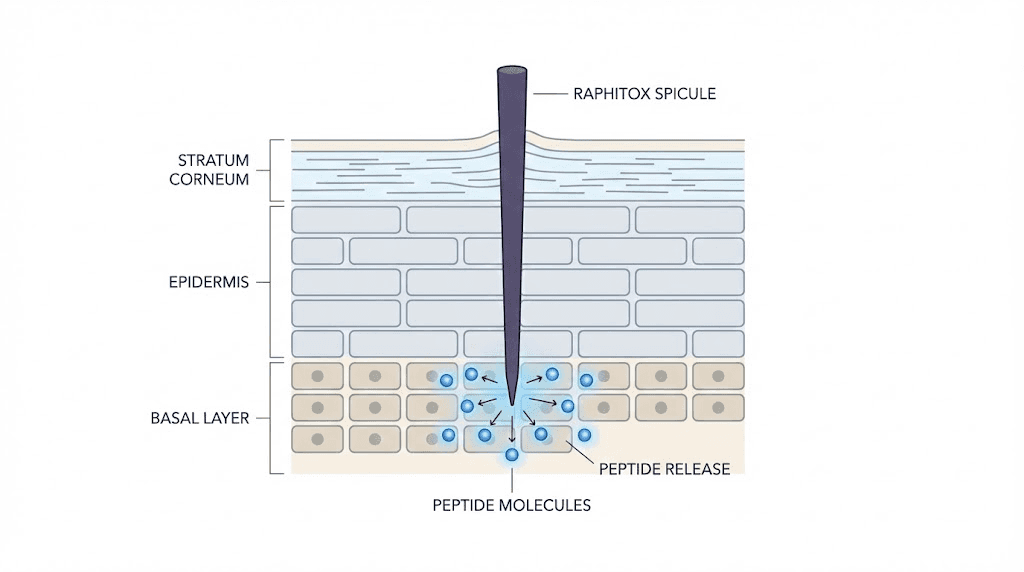 Idenel Altum peptide spicule penetrating skin layers to deliver GHK-Cu to basal layer
