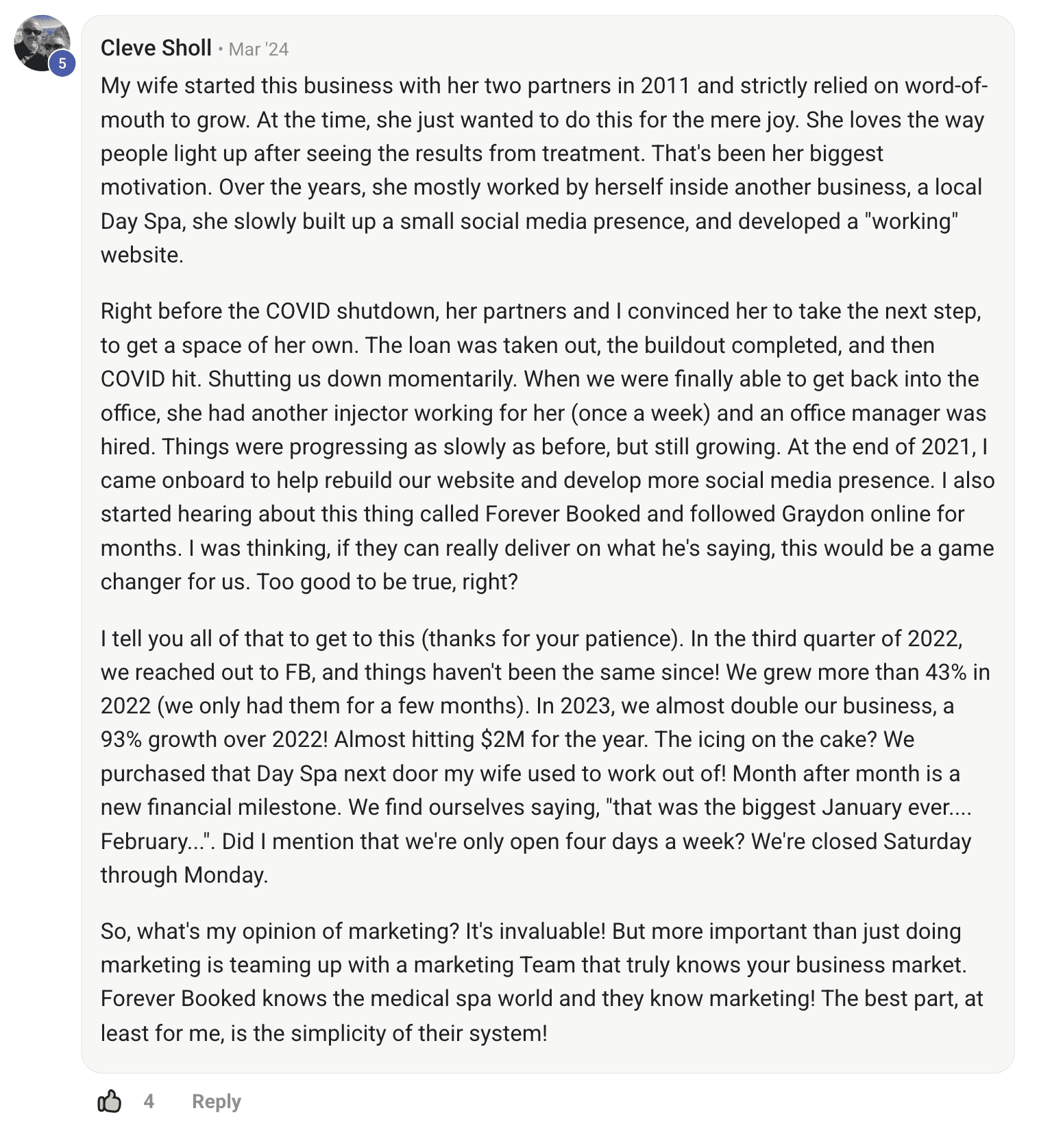 Forever Booked results for Aesthetic Solutions featuring the full clinic team of six staff members during the 2022 holiday season, Forever Booked results showing Aesthetic Solutions owner testimonial detailing 43% growth in 2022 and 93% growth in 2023 nearly reaching $2M annual revenue