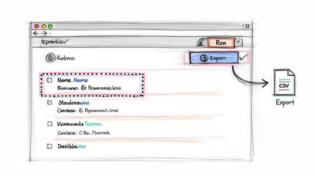 A sketched software interface showing data selection and export to a CSV file.