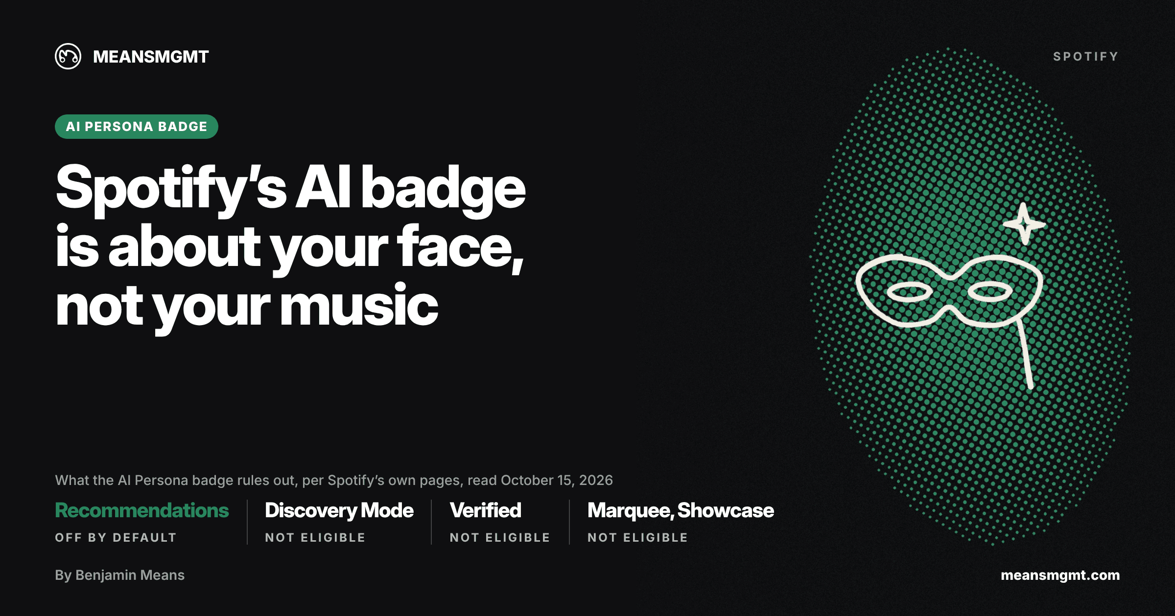 MeansMGMT title card for Spotify's AI Badge Is About Your Face, Not Your Music, quoting Spotify on August 11, 2026: this badge is about the artist's public identity, not about how the music was made. Badged acts are left out of editorial and algorithmic recommendations by default.