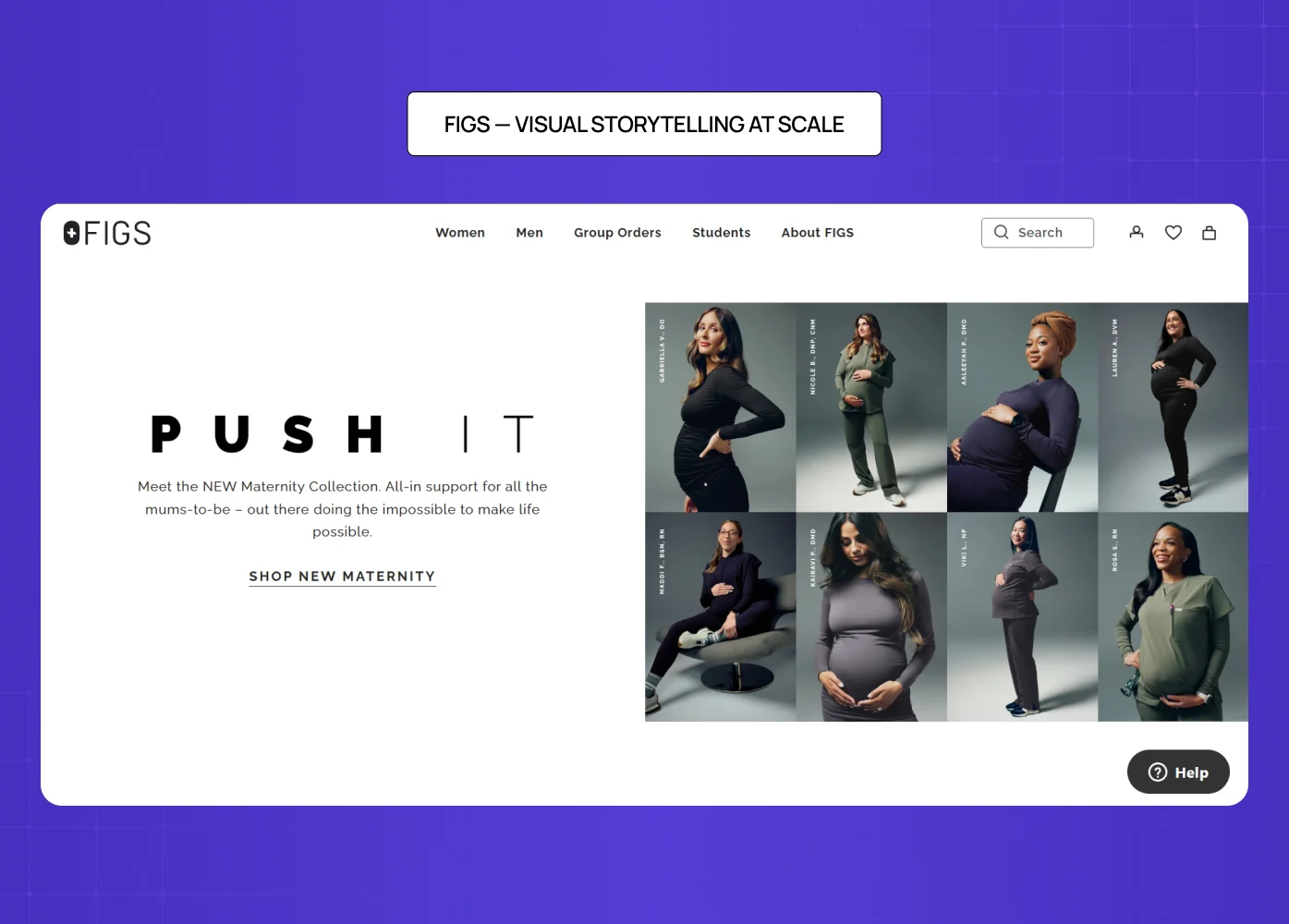 FIGS homepage showcasing maternity collection with strong visual storytelling using diverse models and clean typography. 