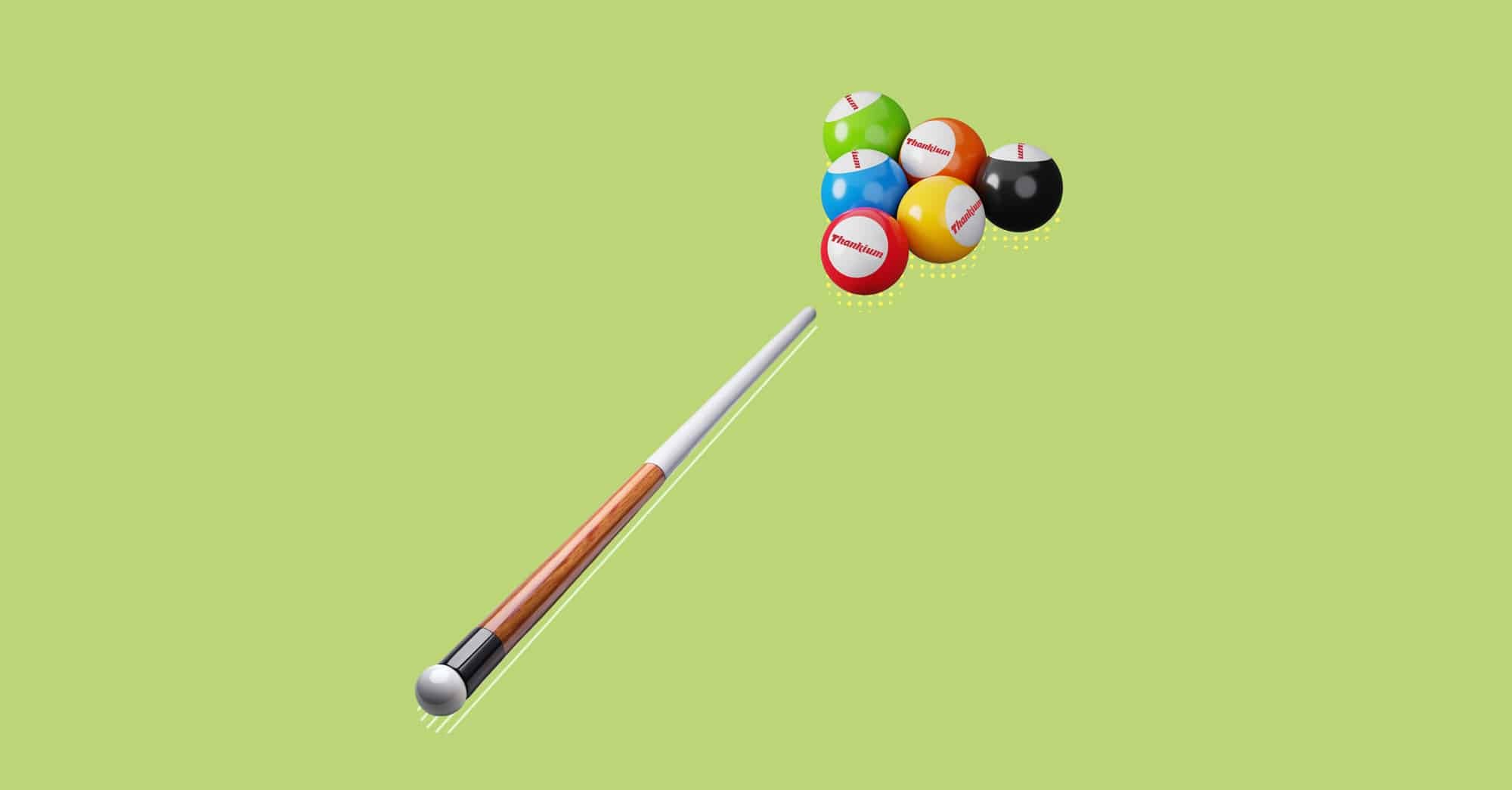 Taco de billar y bolas coloridas sobre fondo verde.