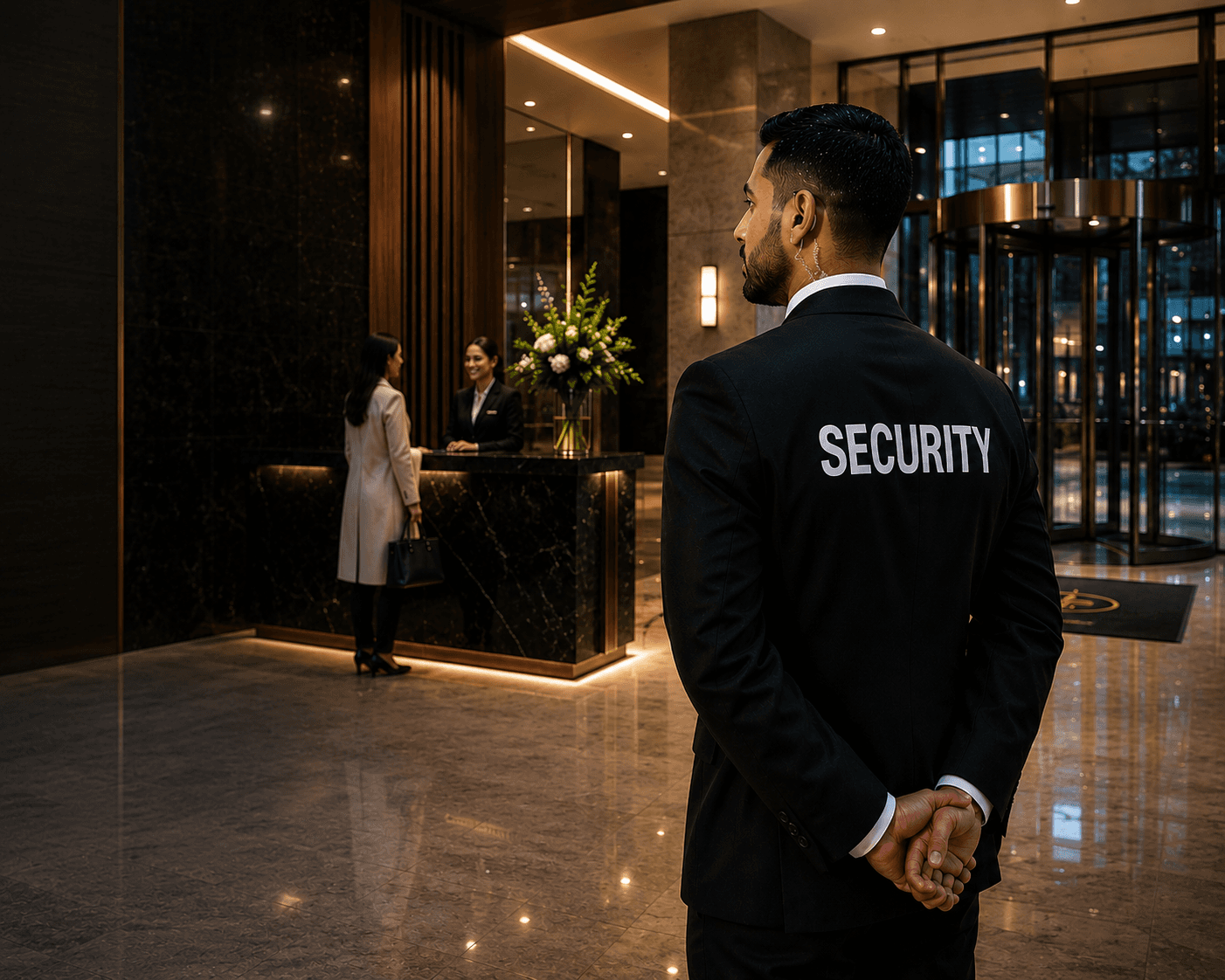 Concierge security officer providing front-of-house security within a luxury residential or commercial lobby.