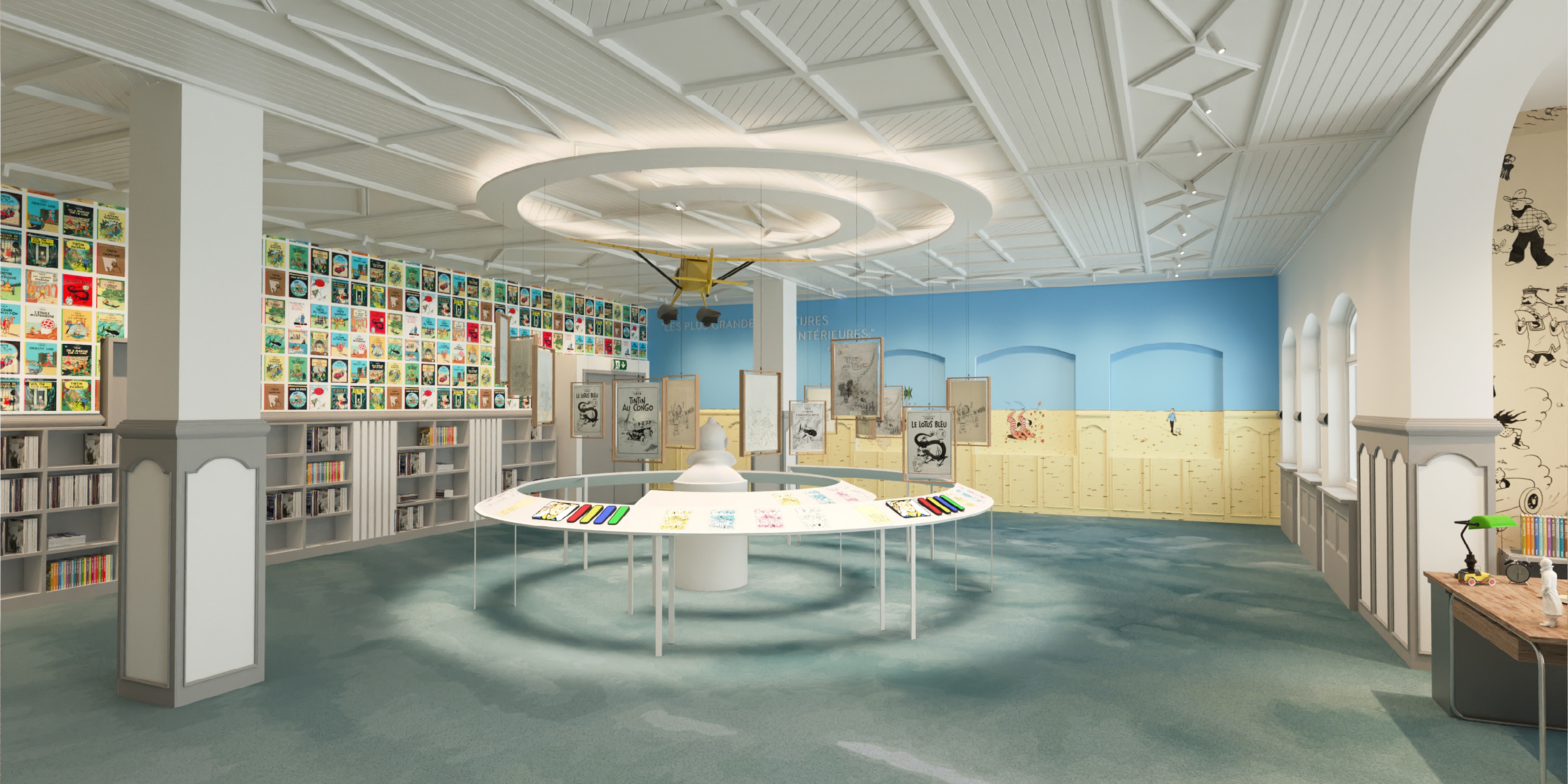 Collection of comics presentoir for Exhibition design concet Hergé in Villars Palace Switzerland 
